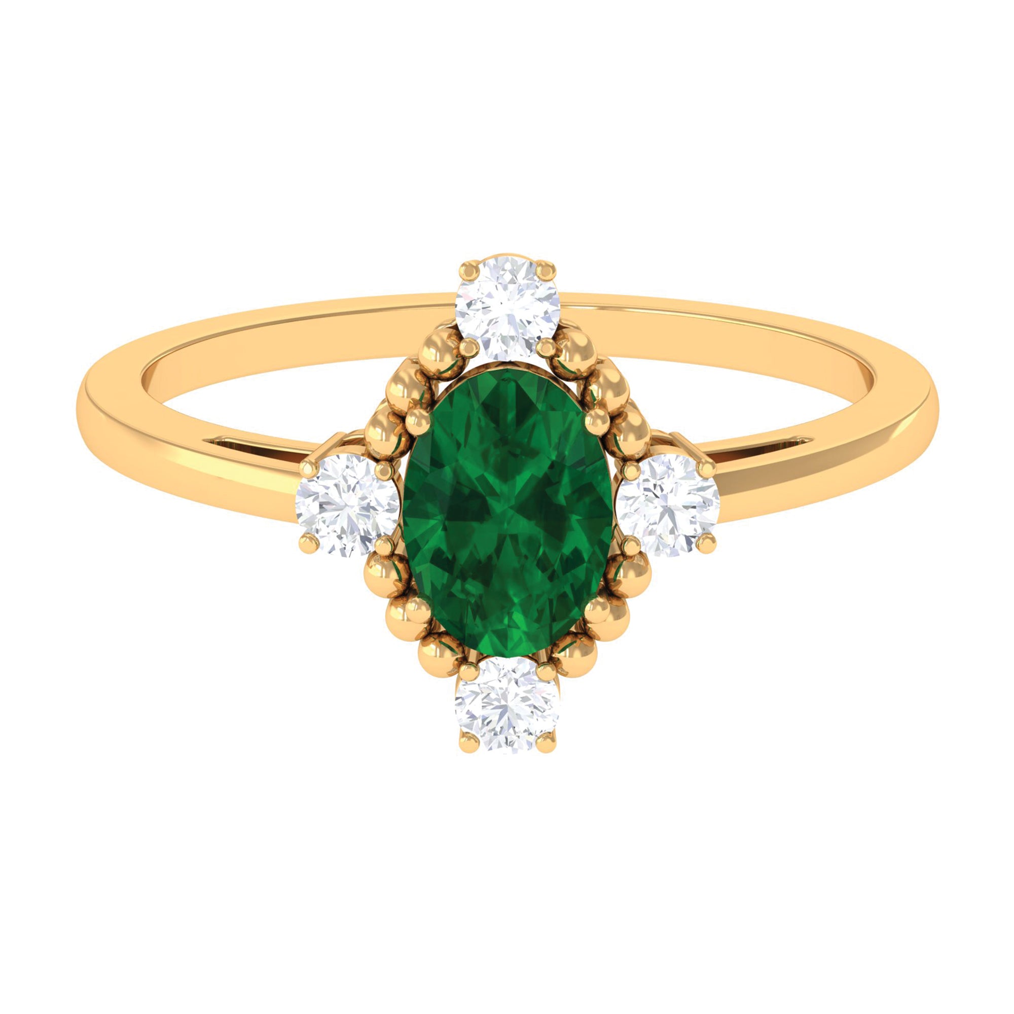 Rosec Jewels-Vintage Style Oval Created Emerald Solitaire Engagement Ring with Diamond