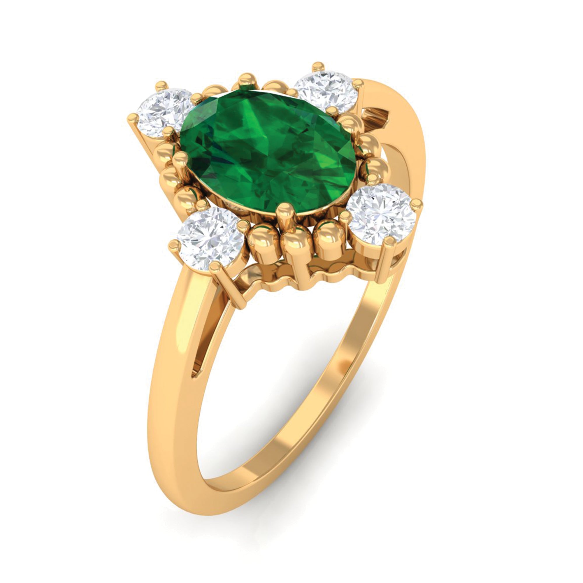 Rosec Jewels-Vintage Style Oval Created Emerald Solitaire Engagement Ring with Diamond