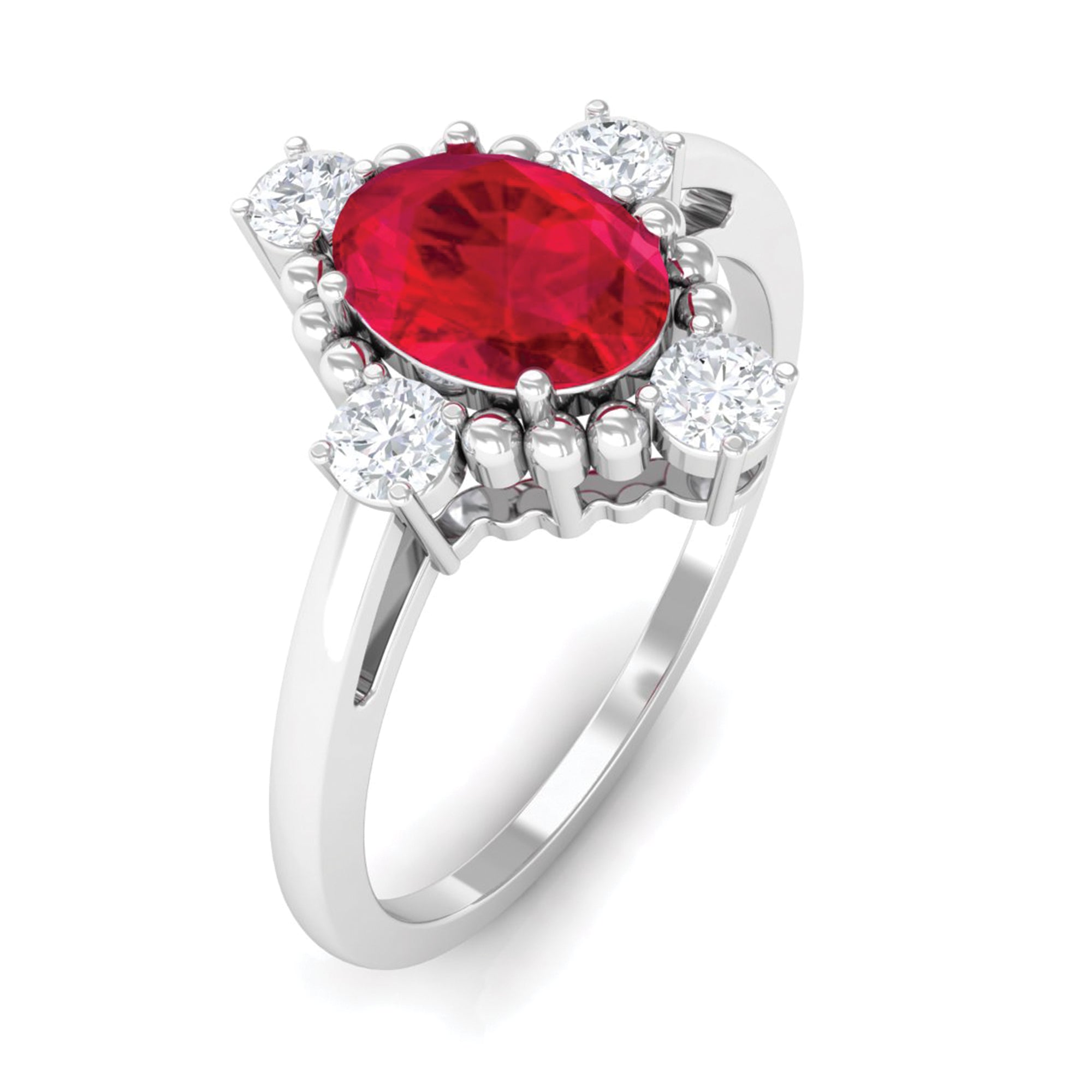 Rosec Jewels-Vintage Style Oval Created Ruby Solitaire Engagement Ring with Diamond