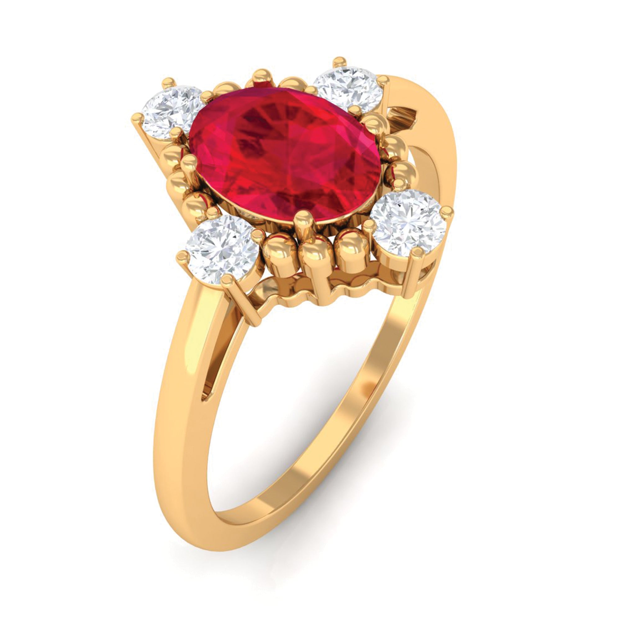 Rosec Jewels-Vintage Style Oval Created Ruby Solitaire Engagement Ring with Diamond