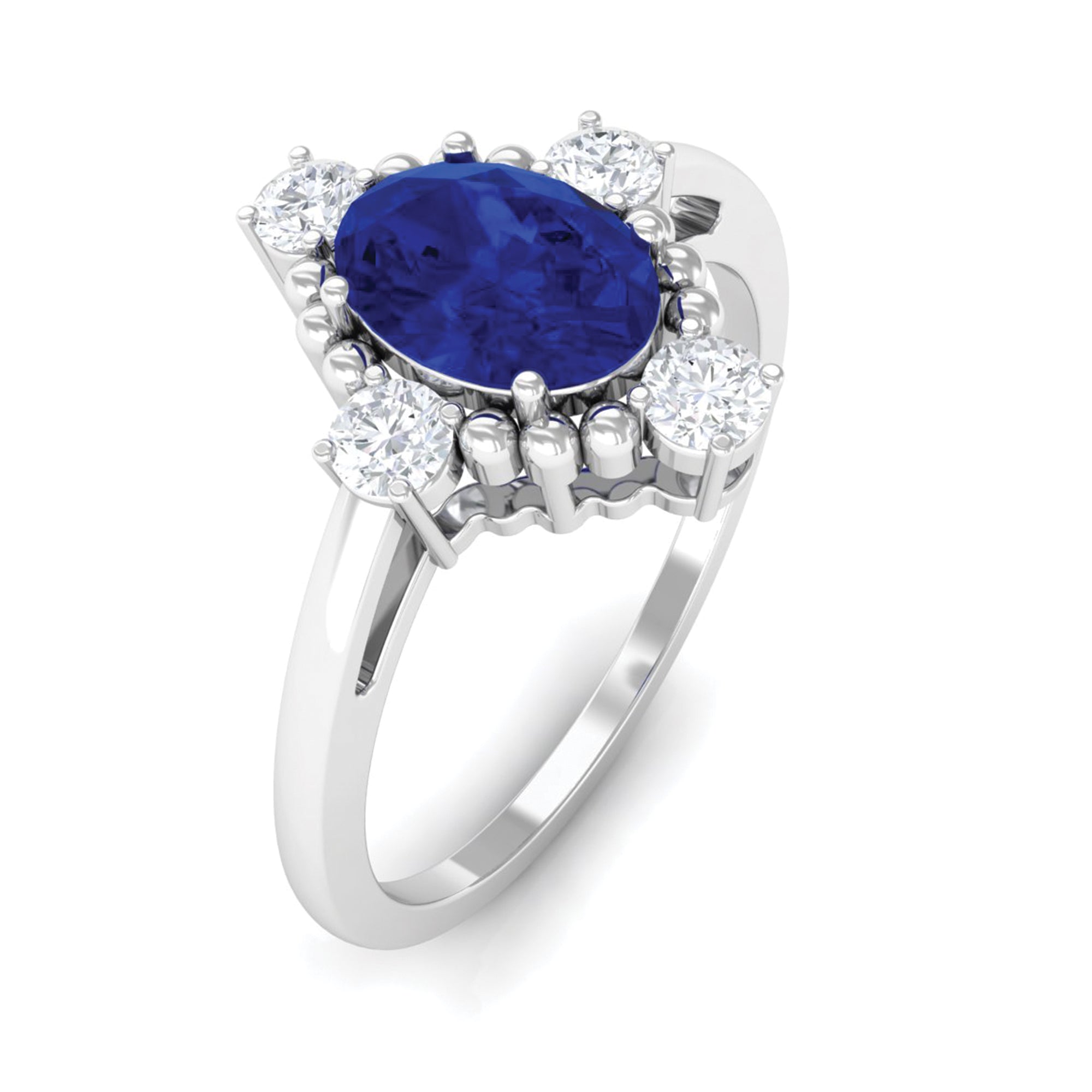 Rosec Jewels-Vintage Style Created Blue Sapphire Solitaire Engagement Ring with Diamond