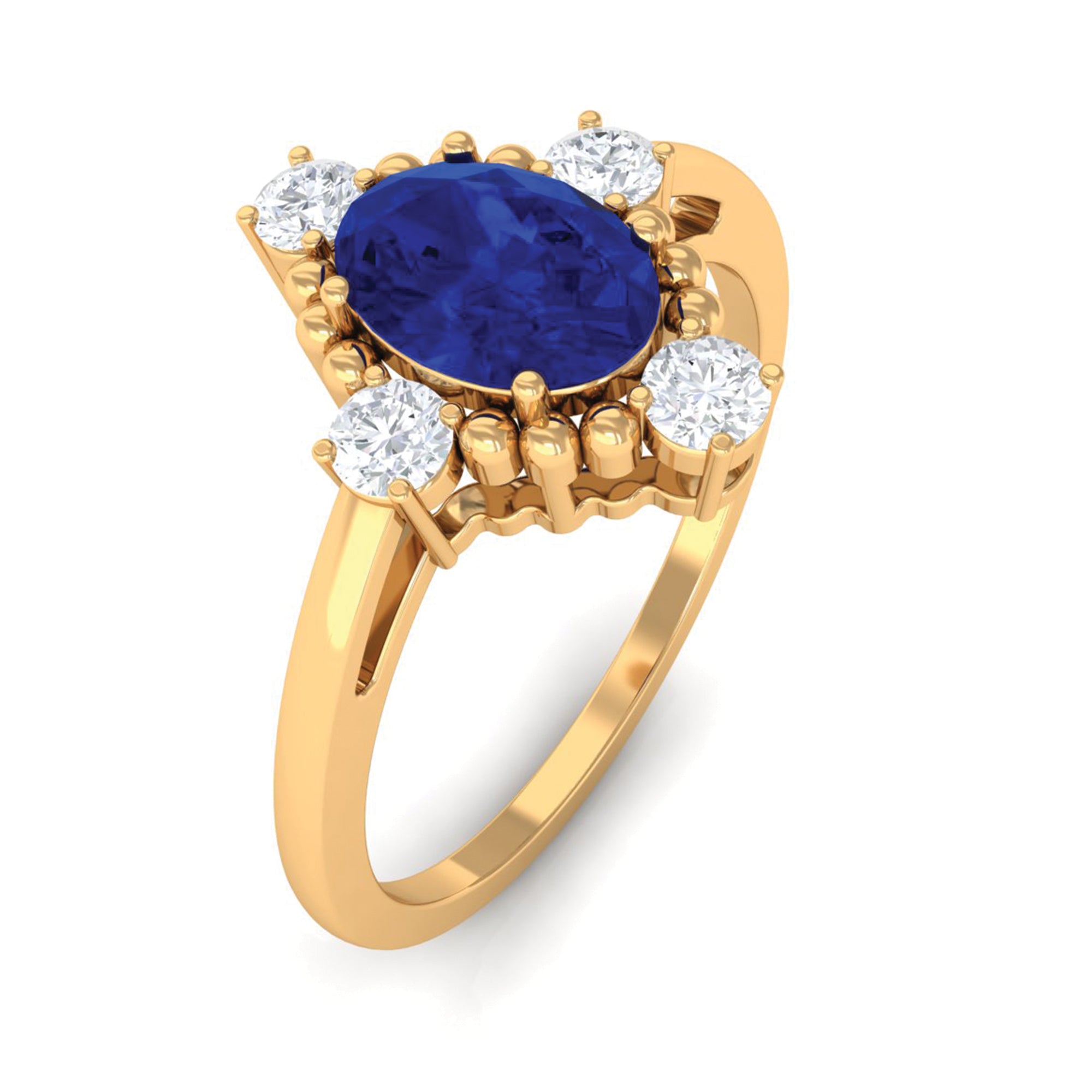 Rosec Jewels-Vintage Style Created Blue Sapphire Solitaire Engagement Ring with Diamond