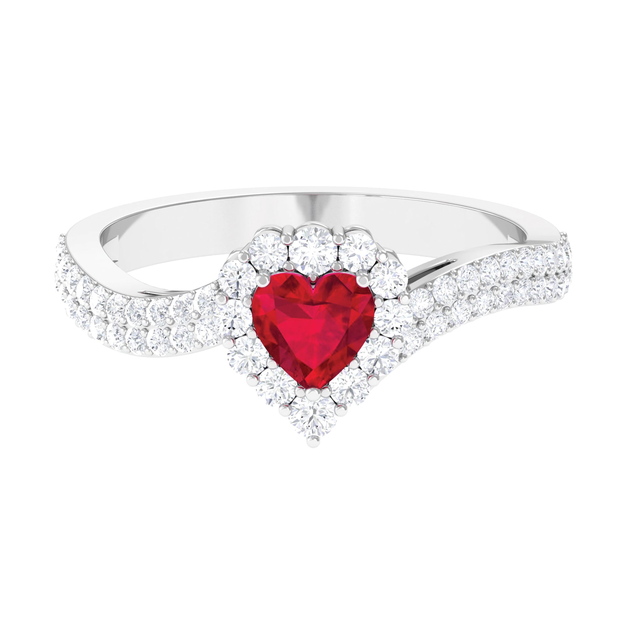 Rosec Jewels-Heart Shape Created Ruby and Moissanite Bypass Engagement Ring