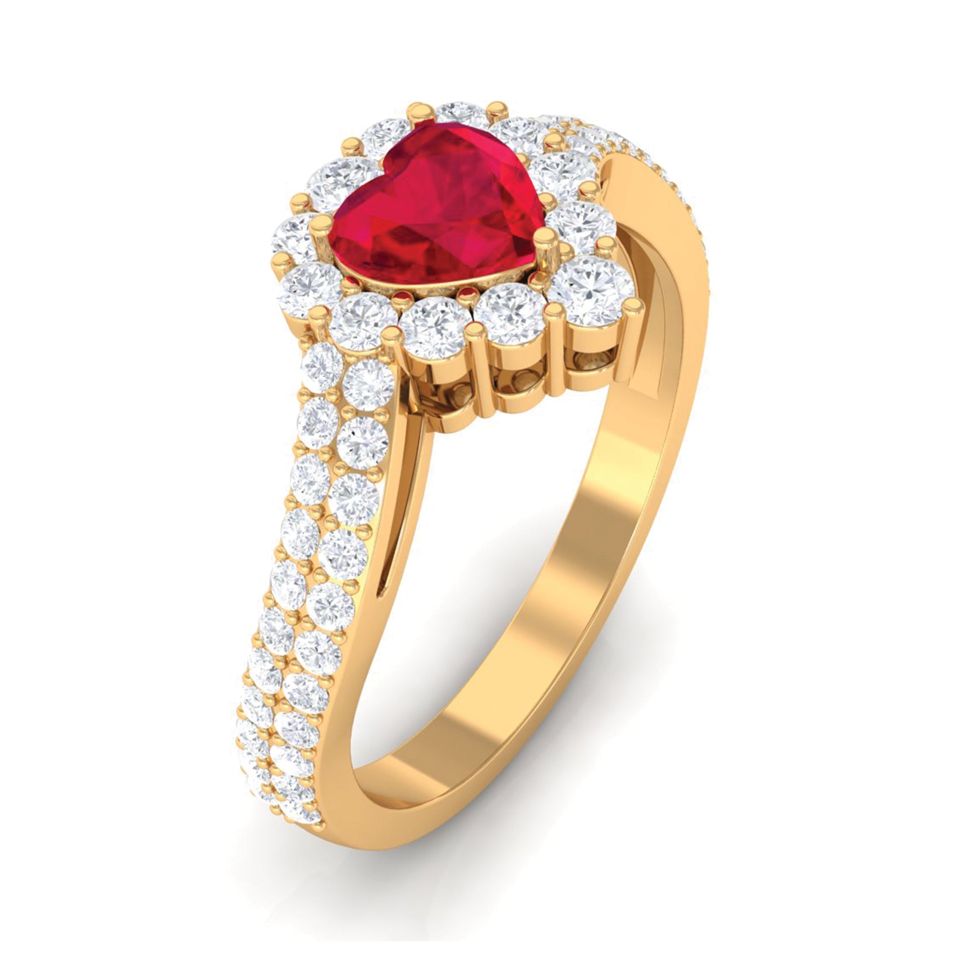 Rosec Jewels-Heart Shape Created Ruby and Moissanite Bypass Engagement Ring