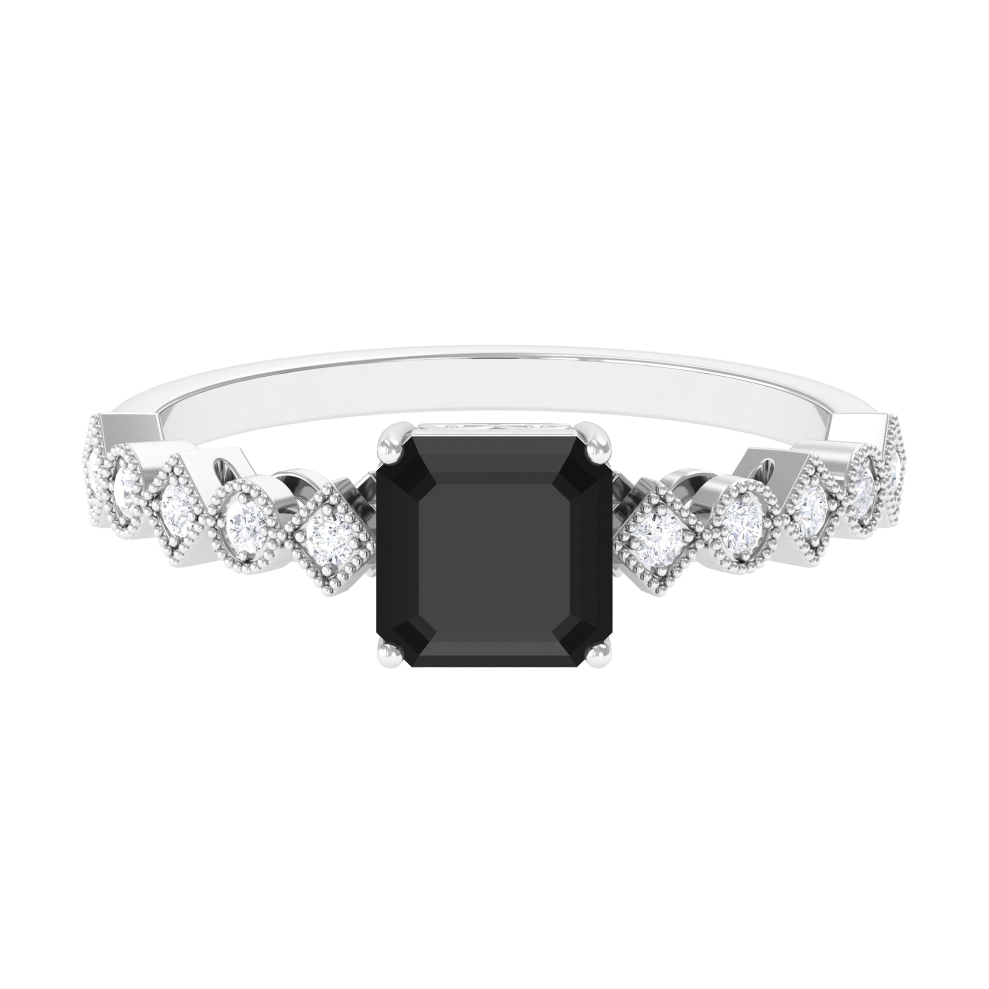 Rosec Jewels-Asscher Cut Created Black Diamond Solitaire Engagement Ring with Diamond