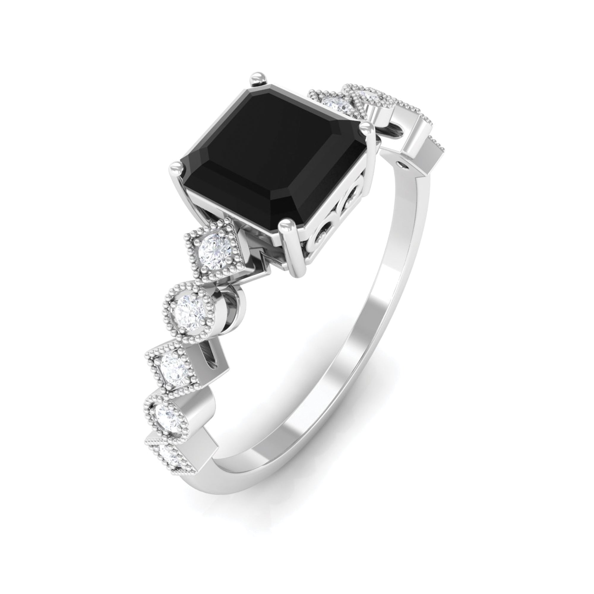 Rosec Jewels-Asscher Cut Created Black Diamond Solitaire Engagement Ring with Diamond