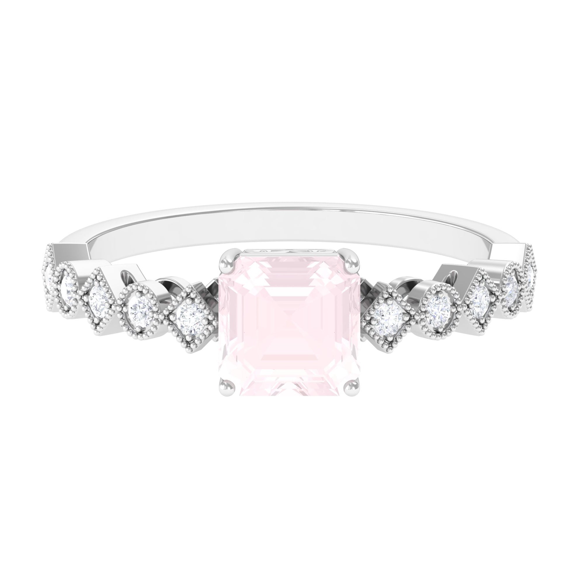 Rosec Jewels-1.5 CT Asscher Cut Rose Quartz Solitaire Engagement Ring with Diamond