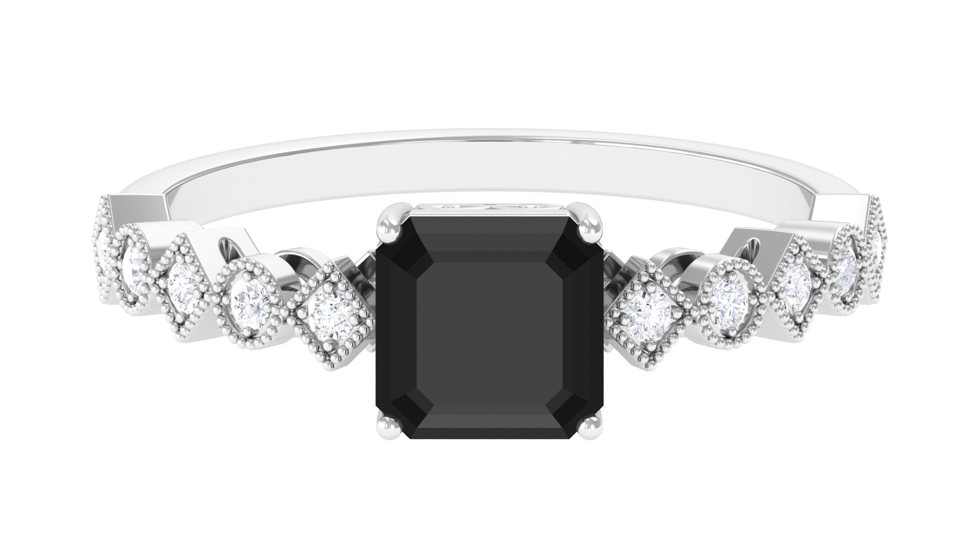 Rosec Jewels-1.5 CT Asscher Black Spinel Solitaire Engagement Ring with Diamond