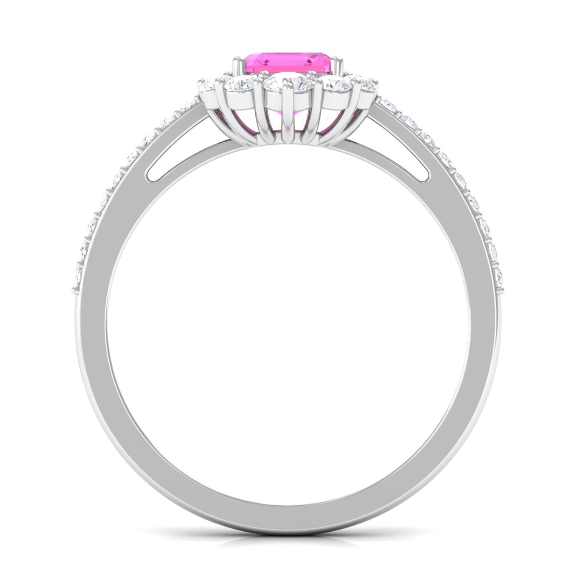 Rosec Jewels-Asscher Cut Created Pink Sapphire Halo Engagement Ring with Diamond