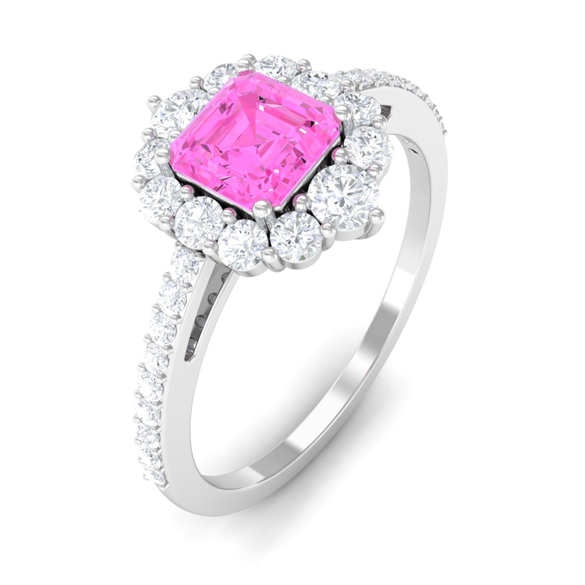 Rosec Jewels-Asscher Cut Created Pink Sapphire Halo Engagement Ring with Diamond