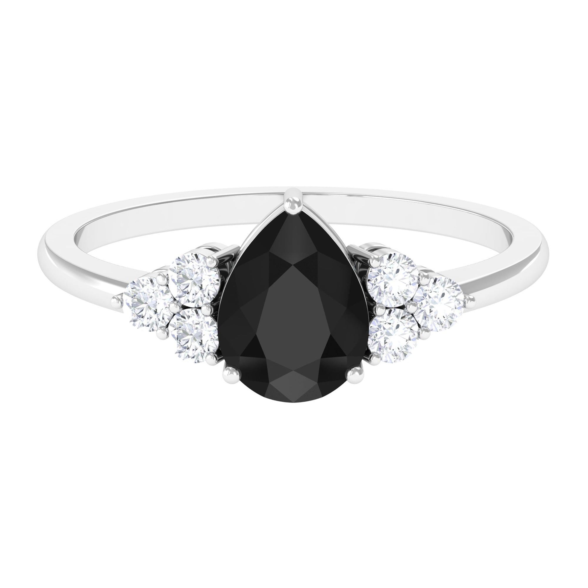 Rosec Jewels-Pear Cut Created Black Diamond Solitaire Ring with Diamond Trio