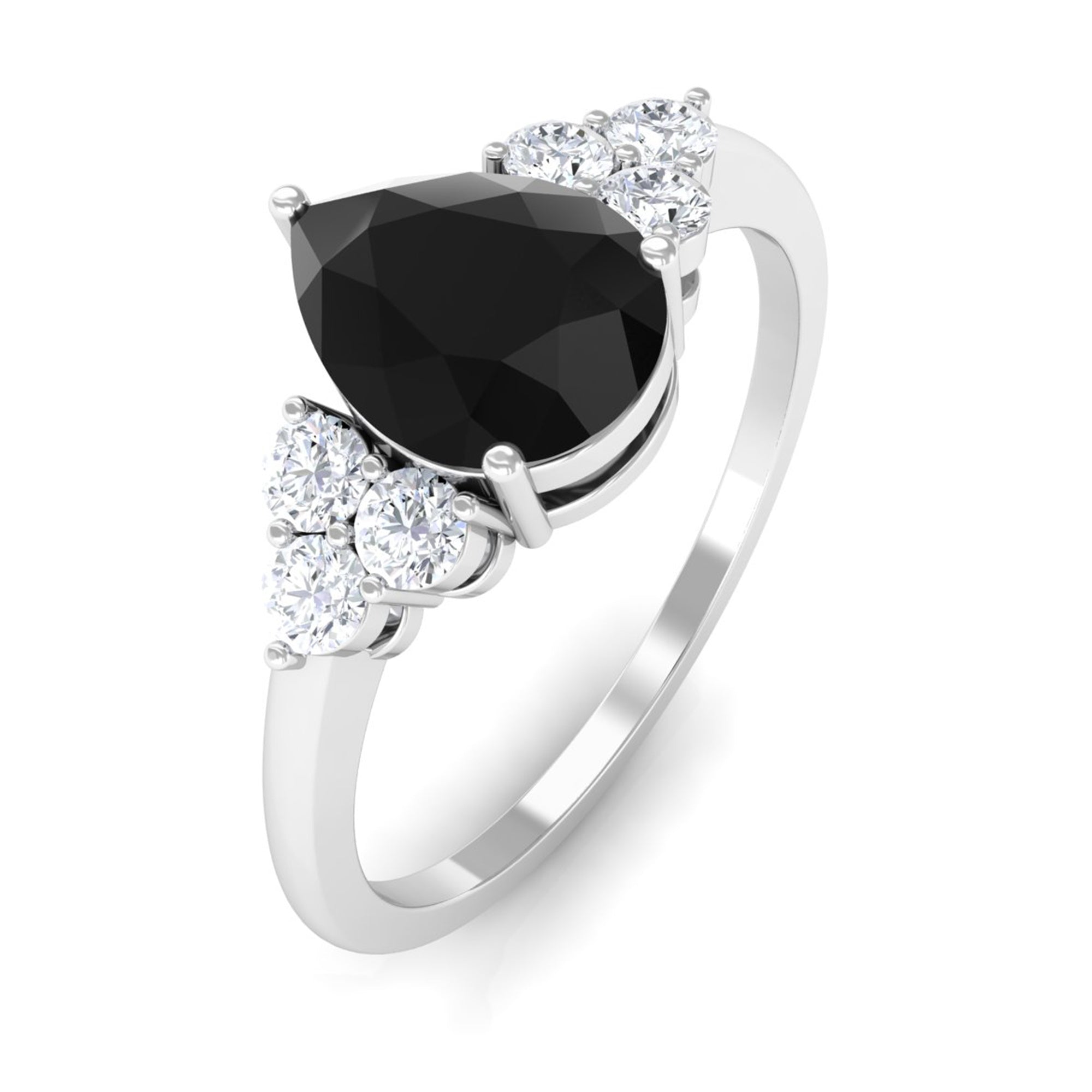 Rosec Jewels-Pear Cut Created Black Diamond Solitaire Ring with Diamond Trio