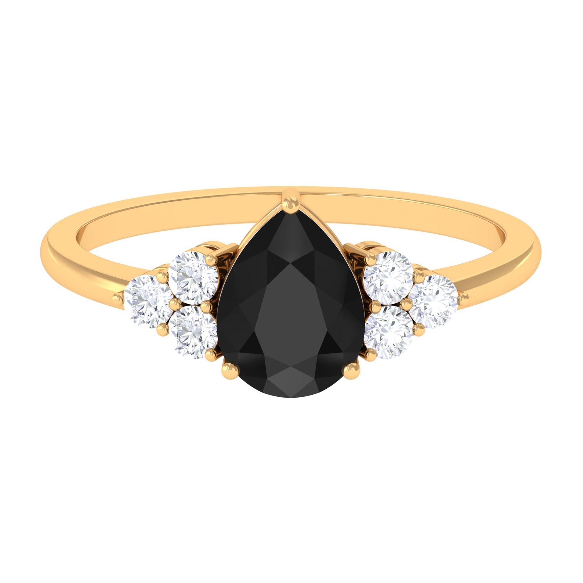 Rosec Jewels-Pear Cut Created Black Diamond Solitaire Ring with Diamond Trio