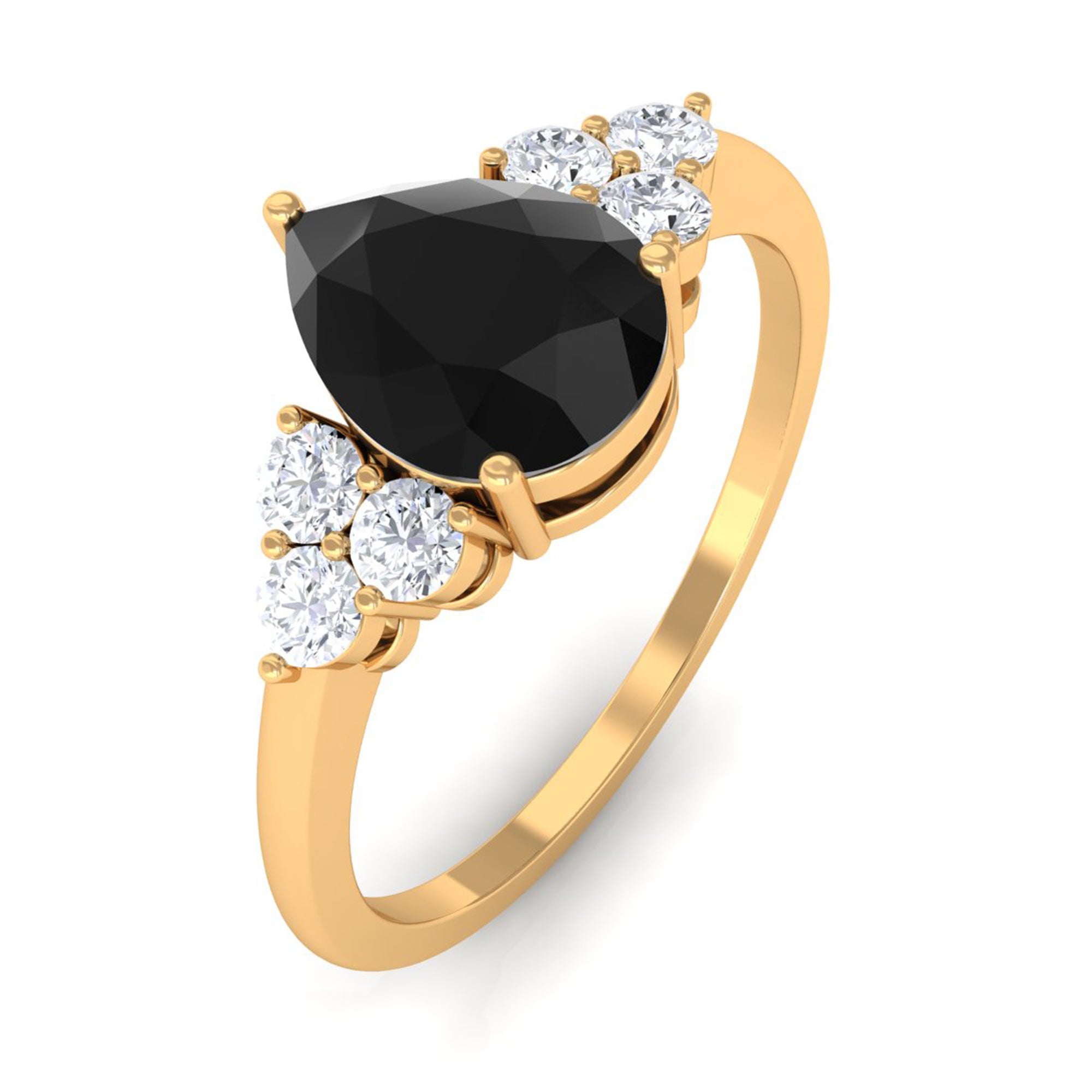 Rosec Jewels-Pear Cut Created Black Diamond Solitaire Ring with Diamond Trio