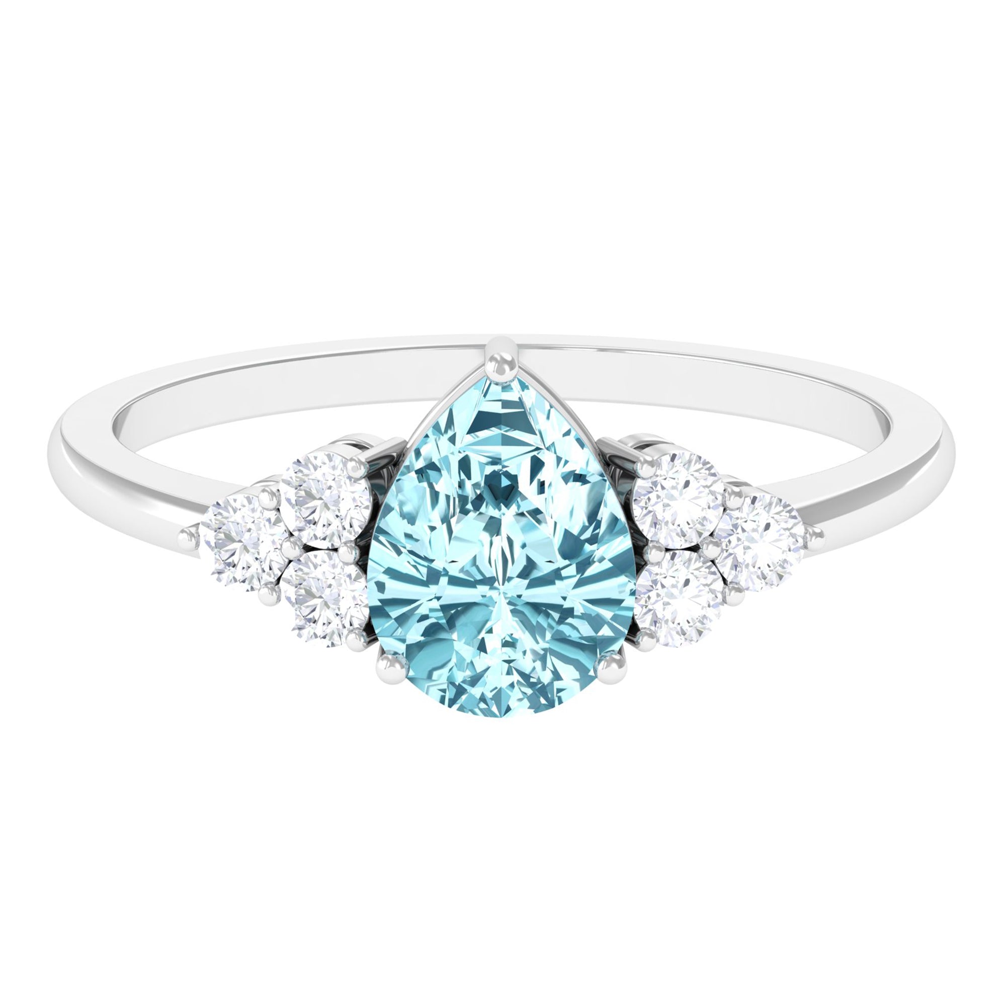 Rosec Jewels-Classic Pear Shape Aquamarine Solitaire Ring with Diamond Trio