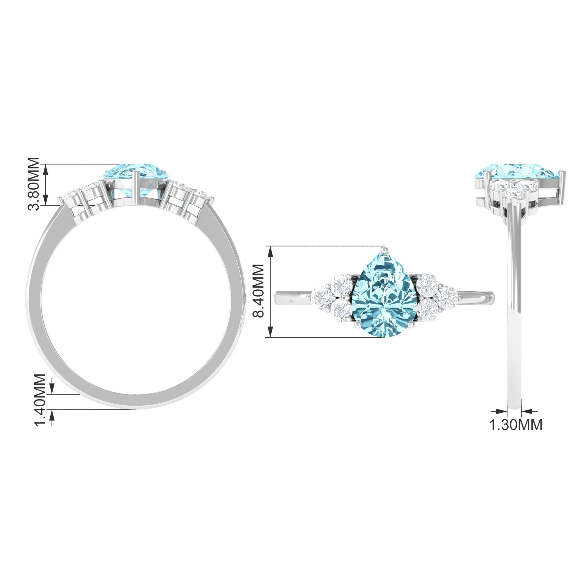 Rosec Jewels-Classic Pear Shape Aquamarine Solitaire Ring with Diamond Trio