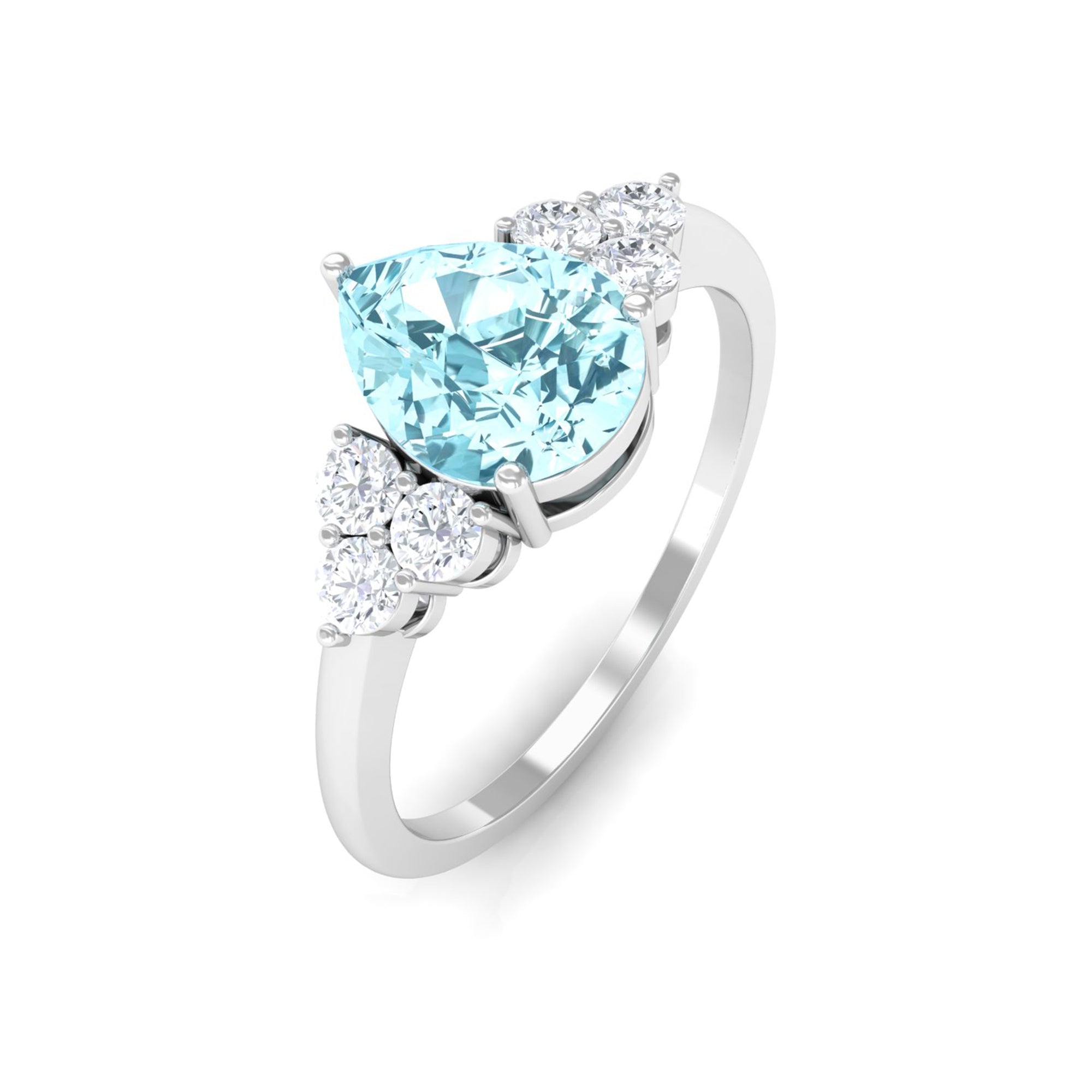 Rosec Jewels-Classic Pear Shape Aquamarine Solitaire Ring with Diamond Trio