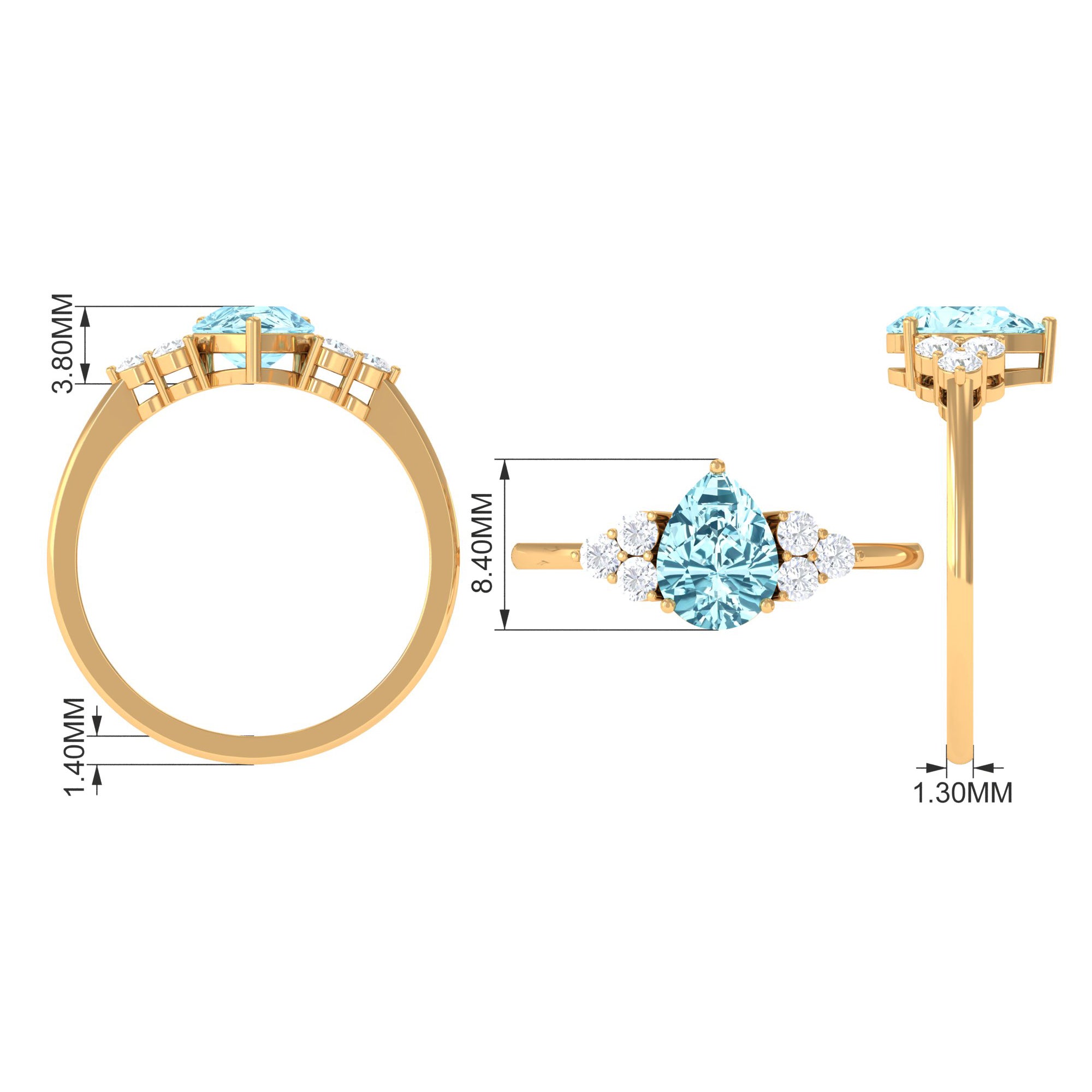 Rosec Jewels-Classic Pear Shape Aquamarine Solitaire Ring with Diamond Trio