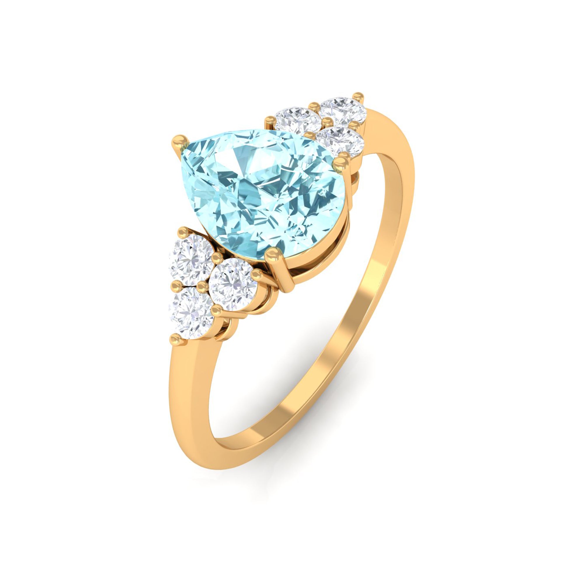 Rosec Jewels-Classic Pear Shape Aquamarine Solitaire Ring with Diamond Trio