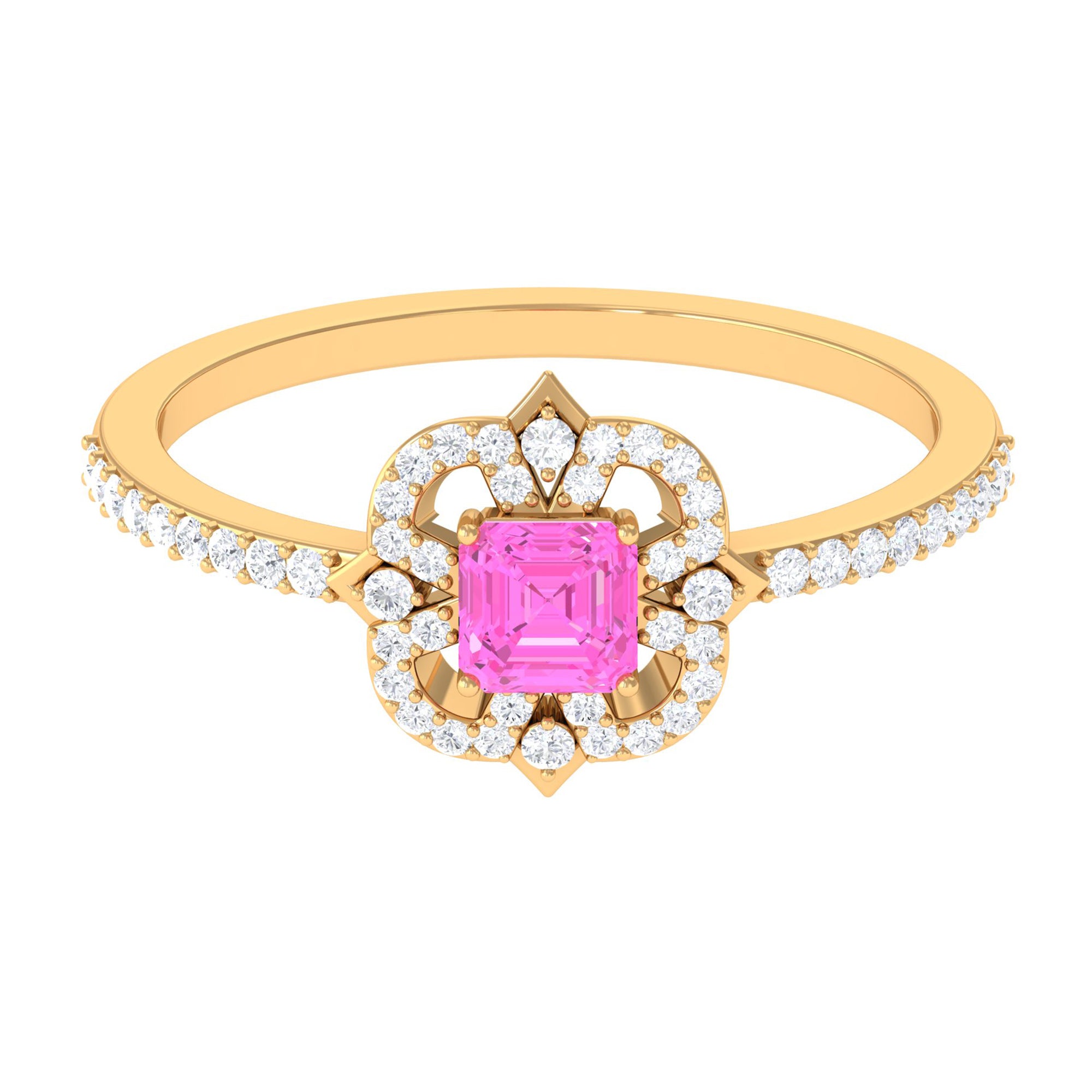 Rosec Jewels-Asscher Cut Created Pink Sapphire Statement Engagement Ring with Diamond