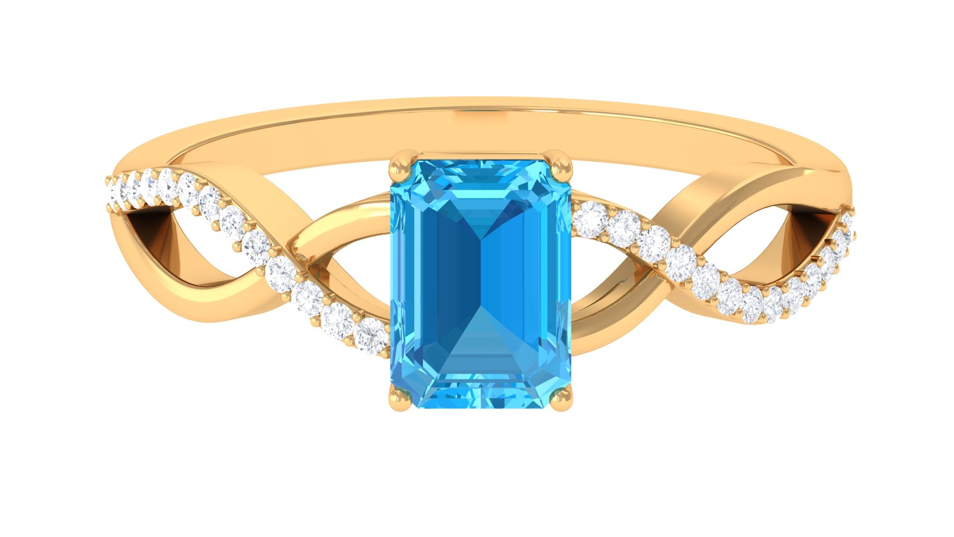 Rosec Jewels-Emerald Cut Swiss Blue Topaz and Diamond Crossover Engagement Ring