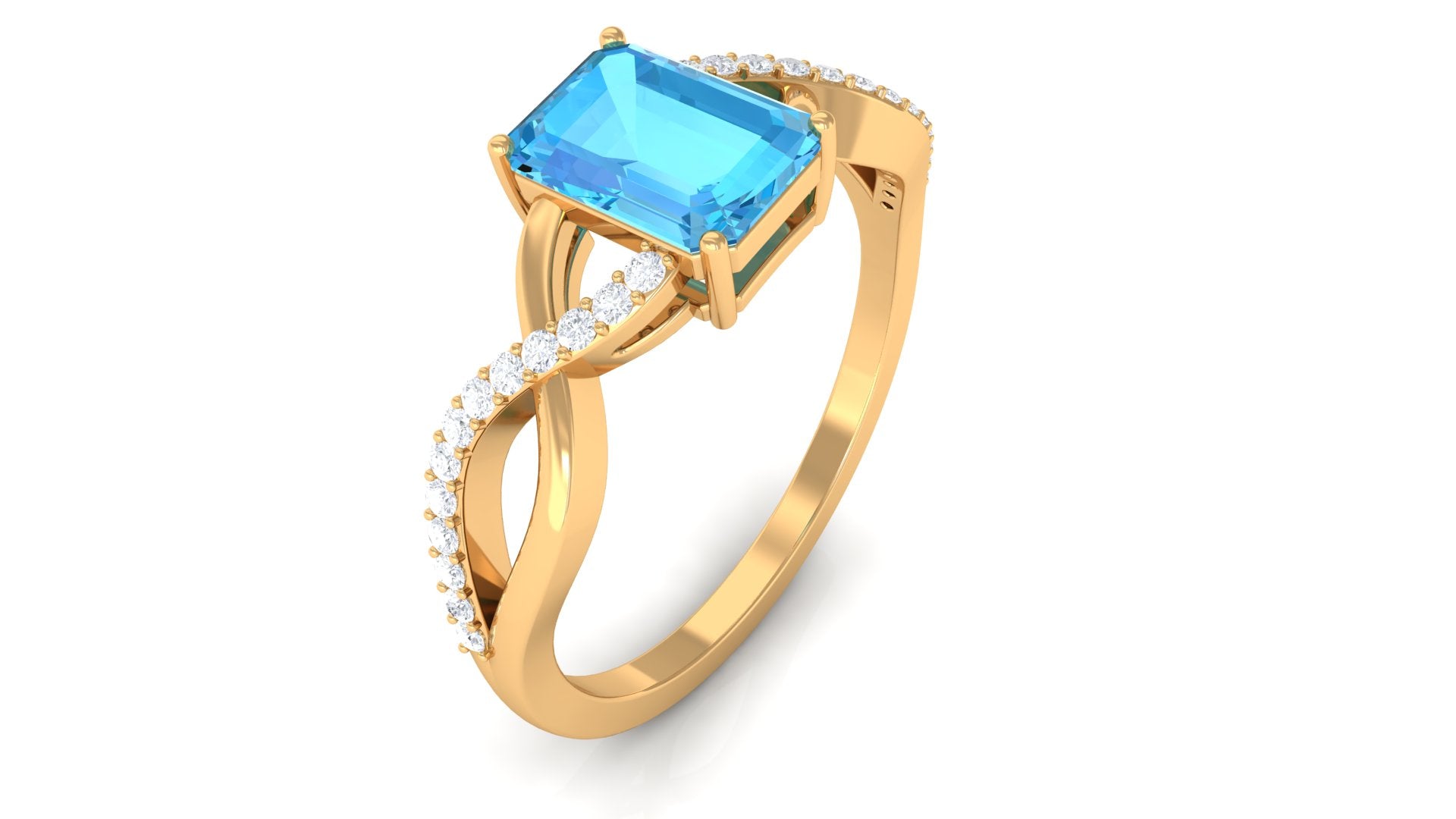 Rosec Jewels-Emerald Cut Swiss Blue Topaz and Diamond Crossover Engagement Ring