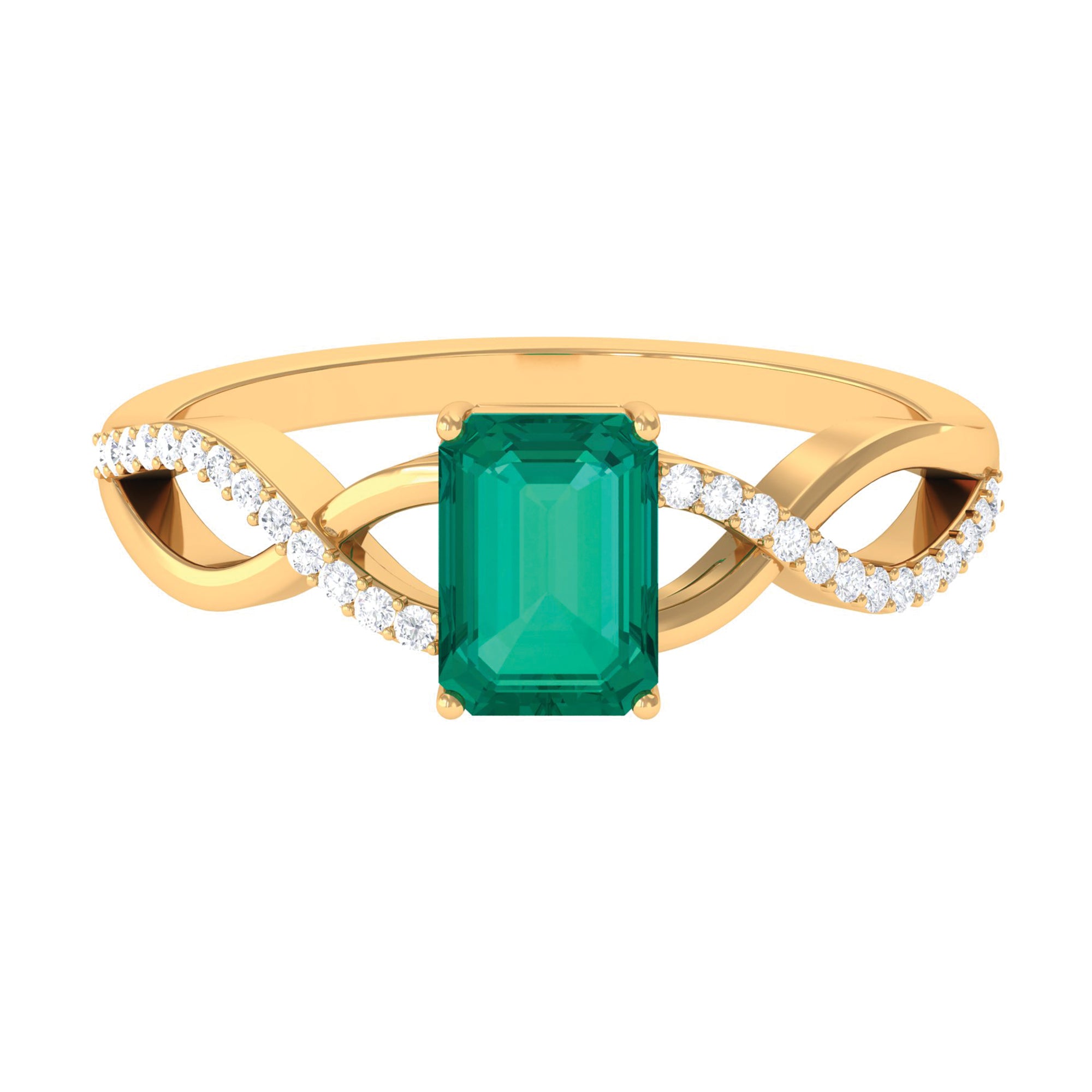 Rosec Jewels-Octagon shape Emerald and Diamond Crossover Engagement Ring