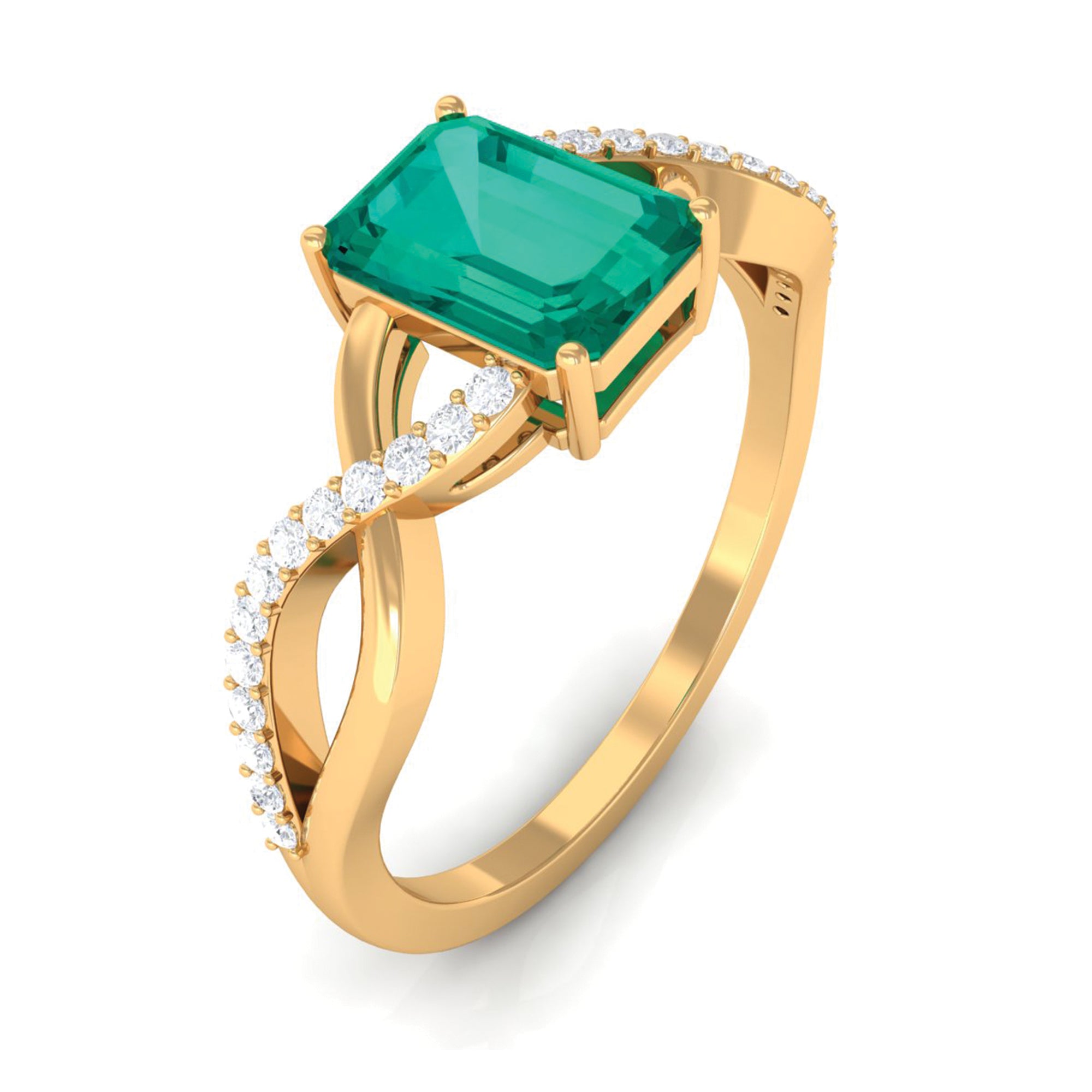 Rosec Jewels-Octagon shape Emerald and Diamond Crossover Engagement Ring