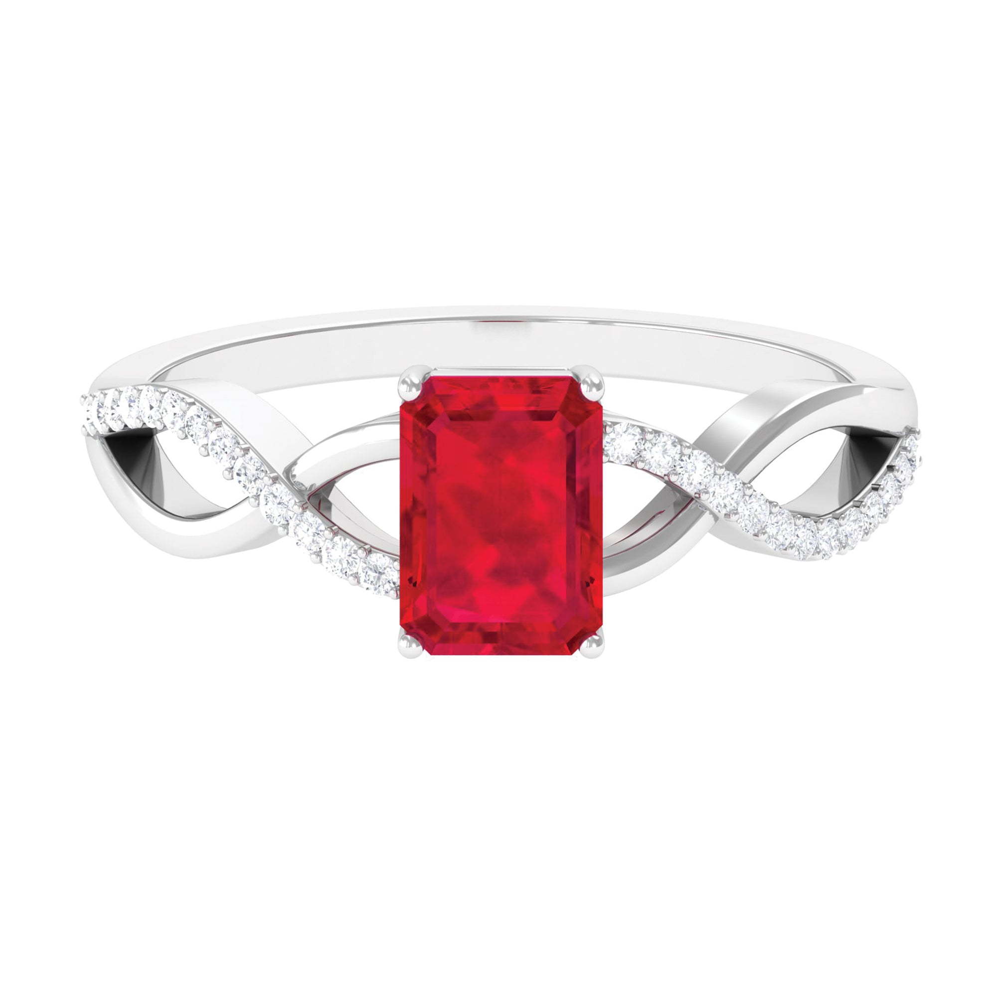 Rosec Jewels-Emerald Cut Created Ruby and Diamond Crossover Engagement Ring