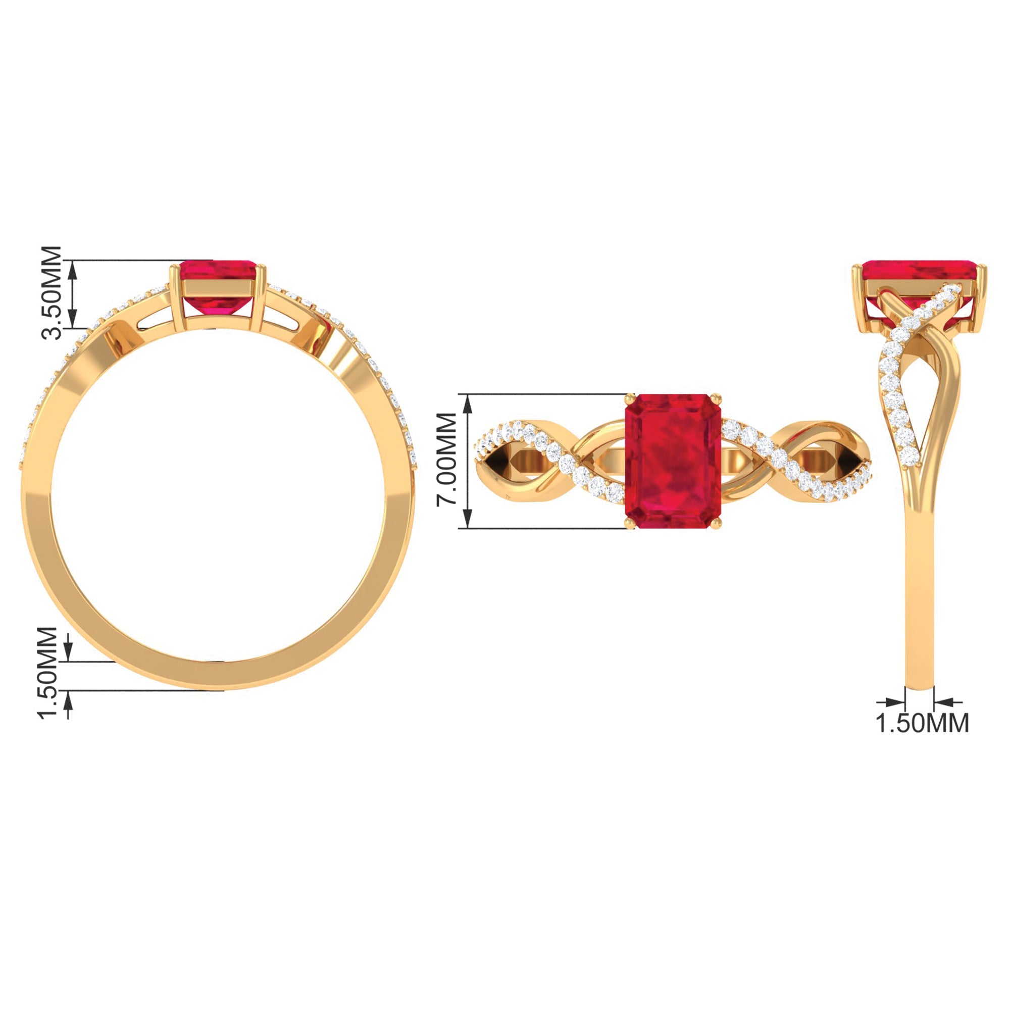 Rosec Jewels-Emerald Cut Created Ruby and Diamond Crossover Engagement Ring