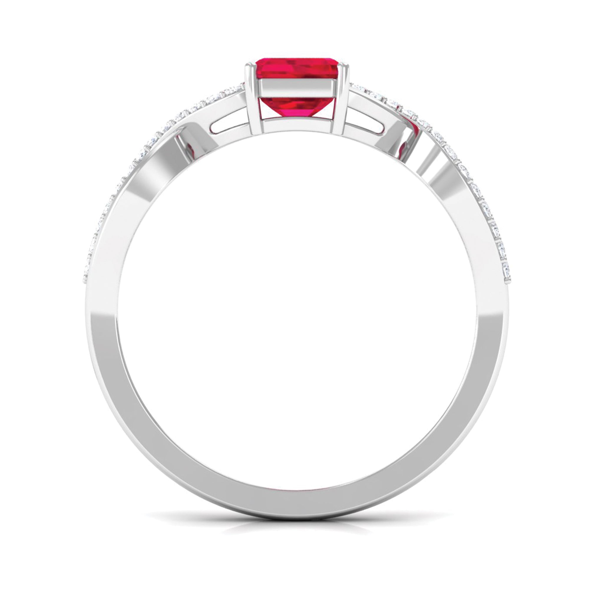 Rosec Jewels-Emerald Cut Created Ruby and Diamond Crossover Engagement Ring