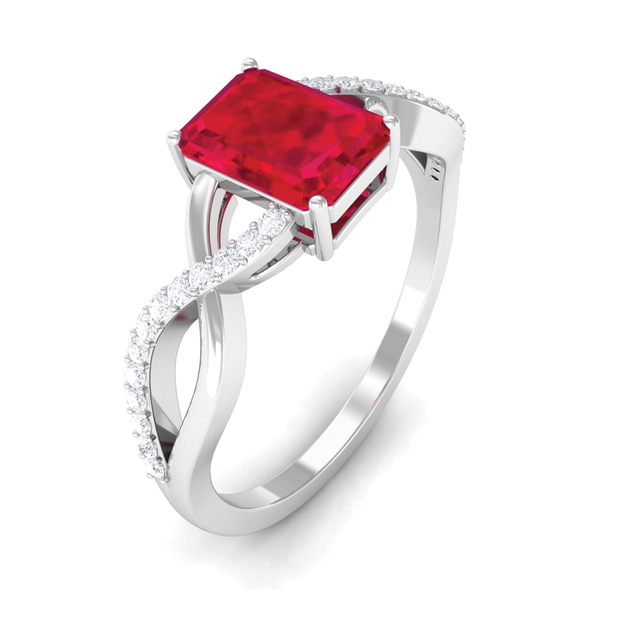 Rosec Jewels-Emerald Cut Created Ruby and Diamond Crossover Engagement Ring