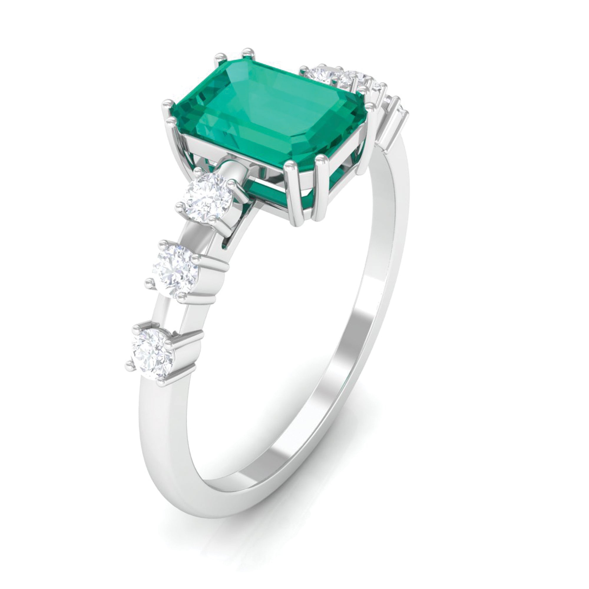 Rosec Jewels-1.5 CT Octagon shape Emerald Engagement Ring with Diamond Side Stones