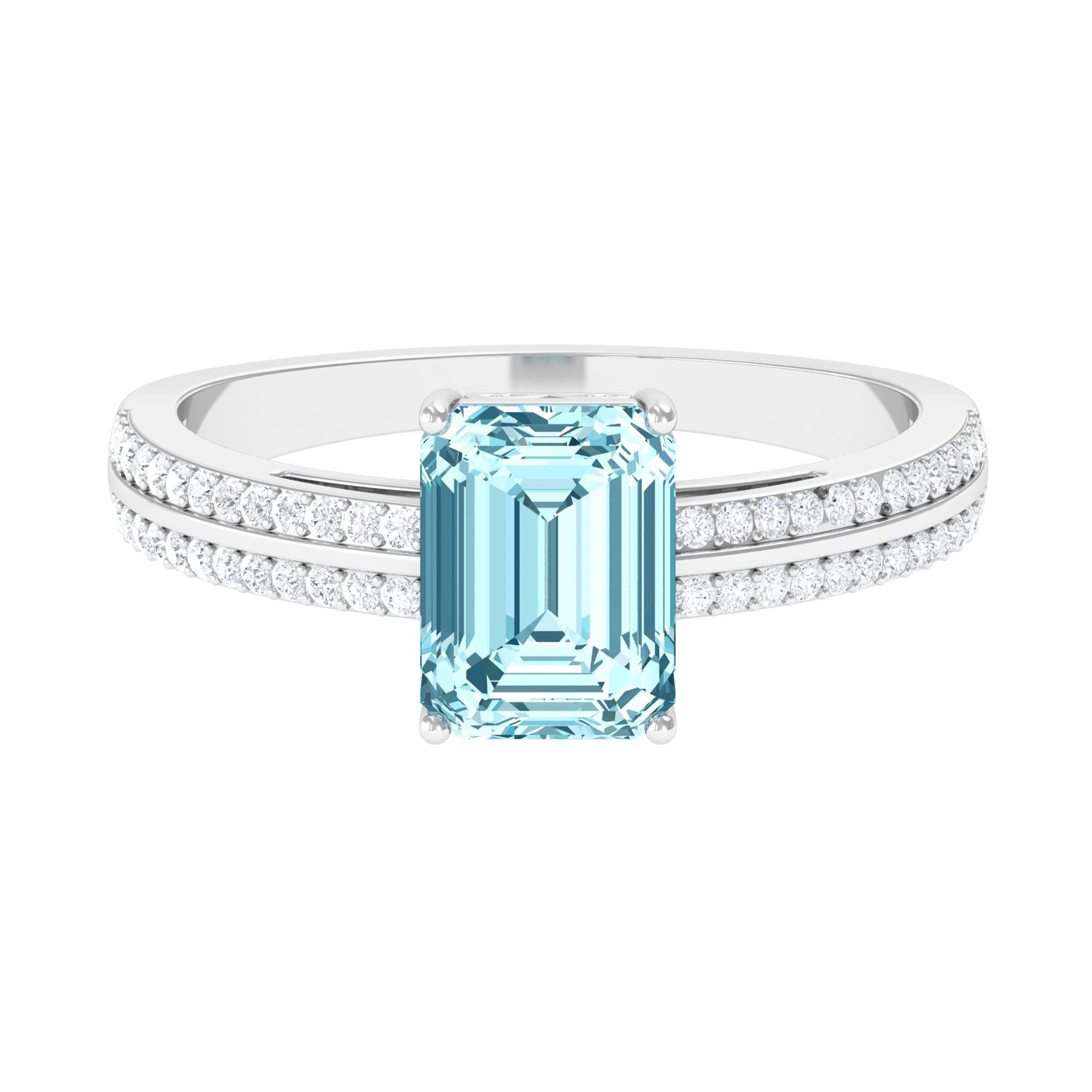 Rosec Jewels-Emerald Cut Aquamarine and Diamond Solitaire Engagement Ring