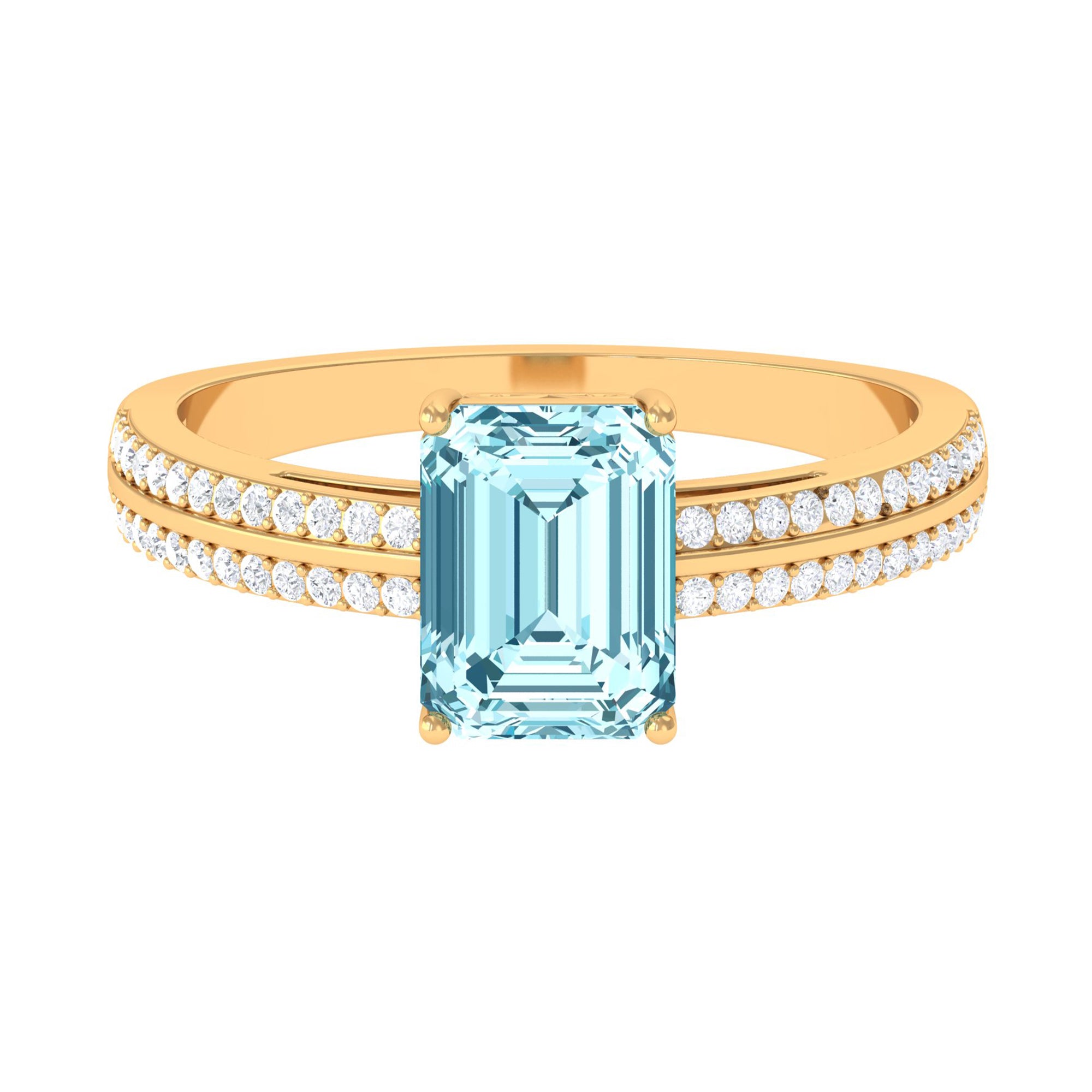 Rosec Jewels-Emerald Cut Aquamarine and Diamond Solitaire Engagement Ring