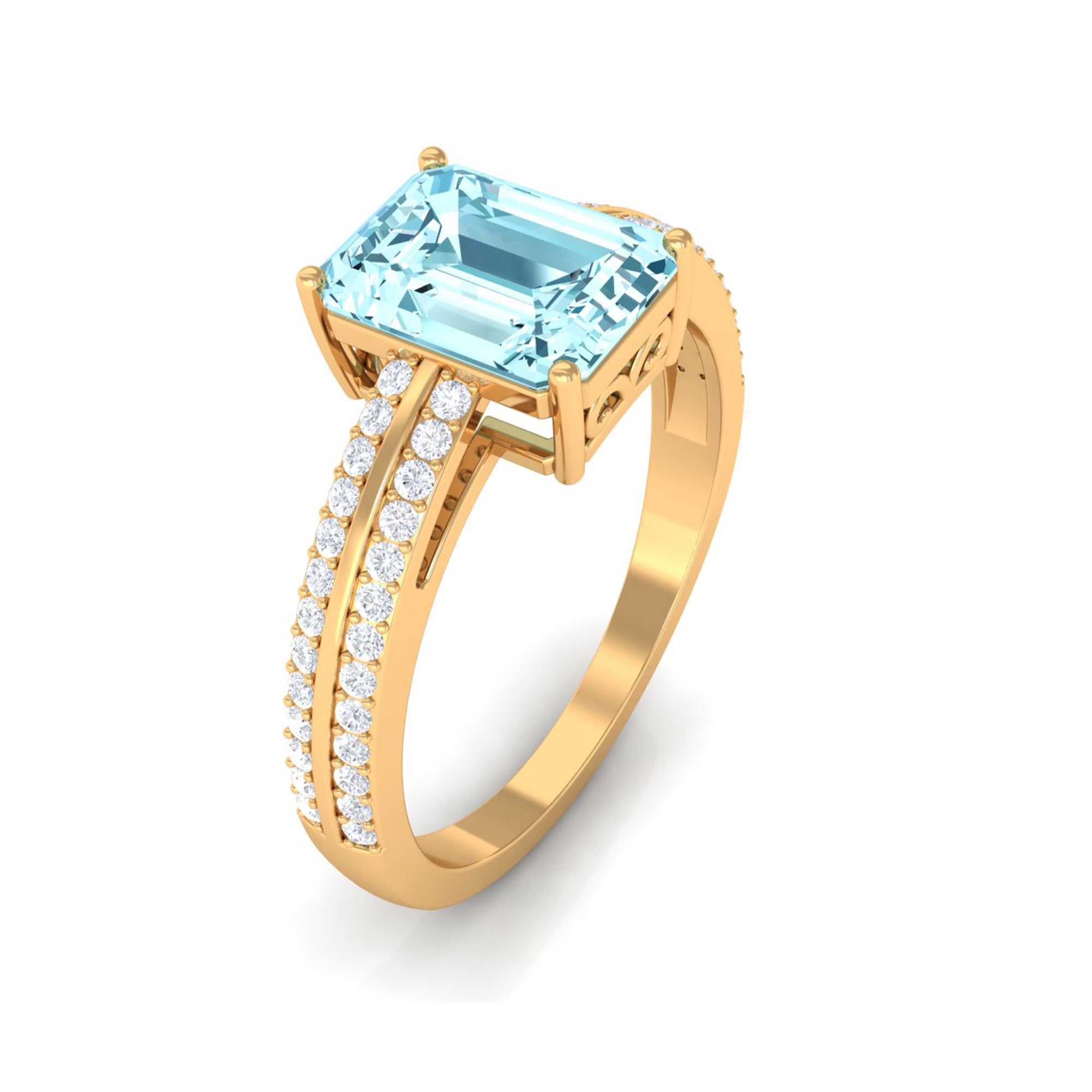 Rosec Jewels-Emerald Cut Aquamarine and Diamond Solitaire Engagement Ring