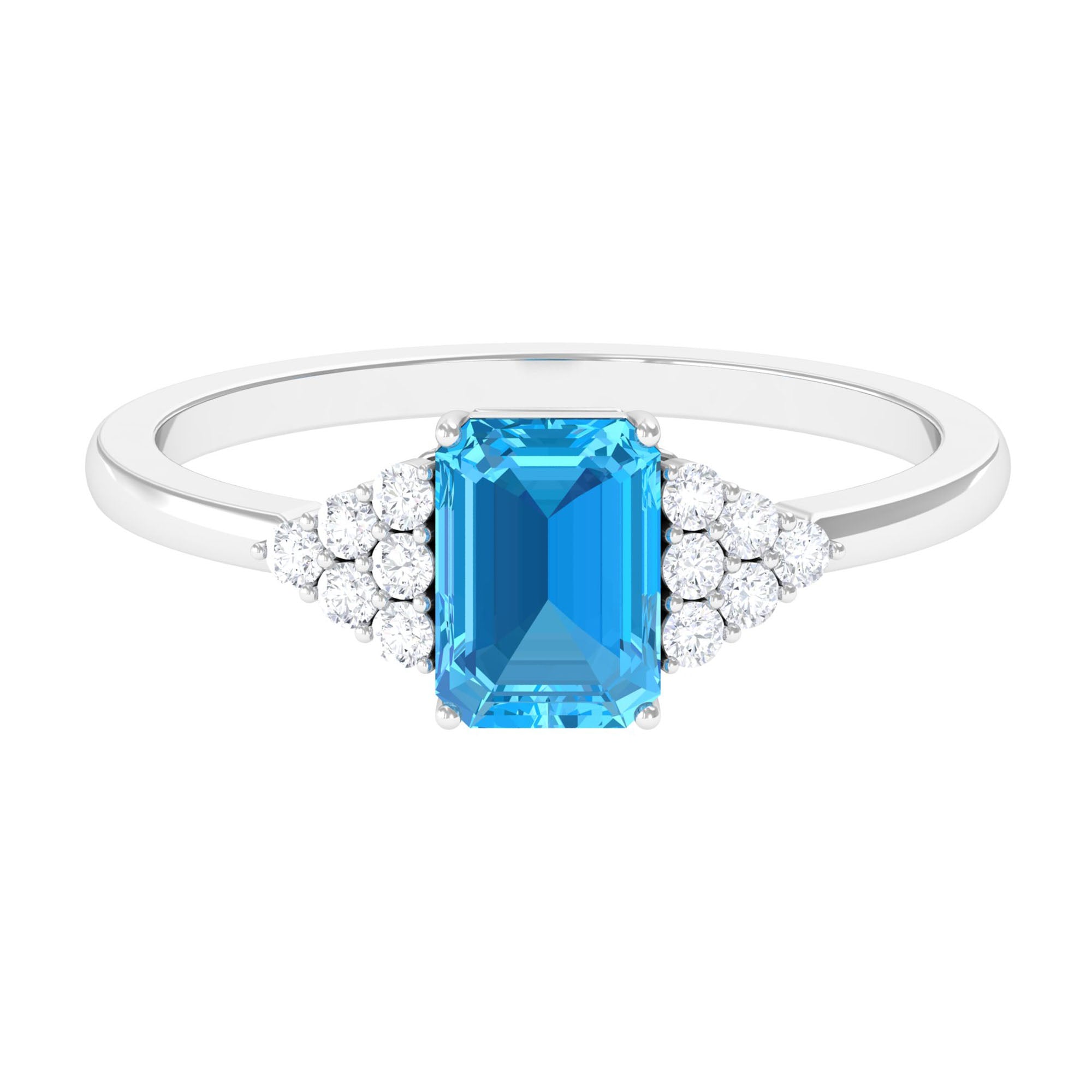 Rosec Jewels-Emerald Cut Swiss Blue Topaz Solitaire Engagement Ring with Diamond