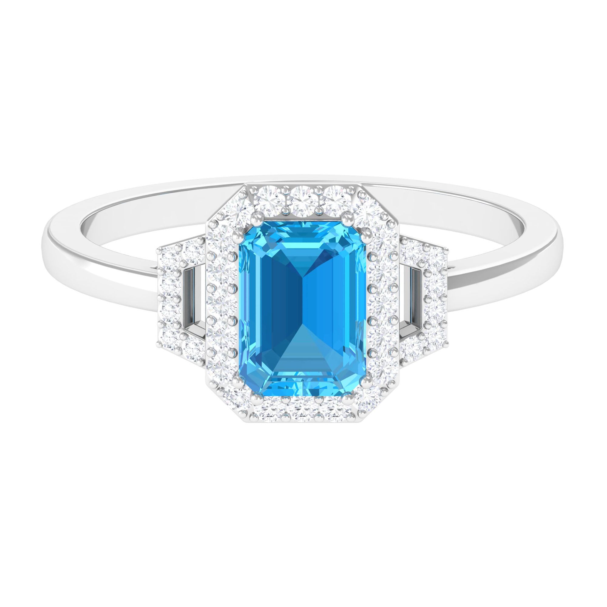 Rosec Jewels-Emerald Cut Swiss Blue Topaz and Diamond Statement Engagement Ring