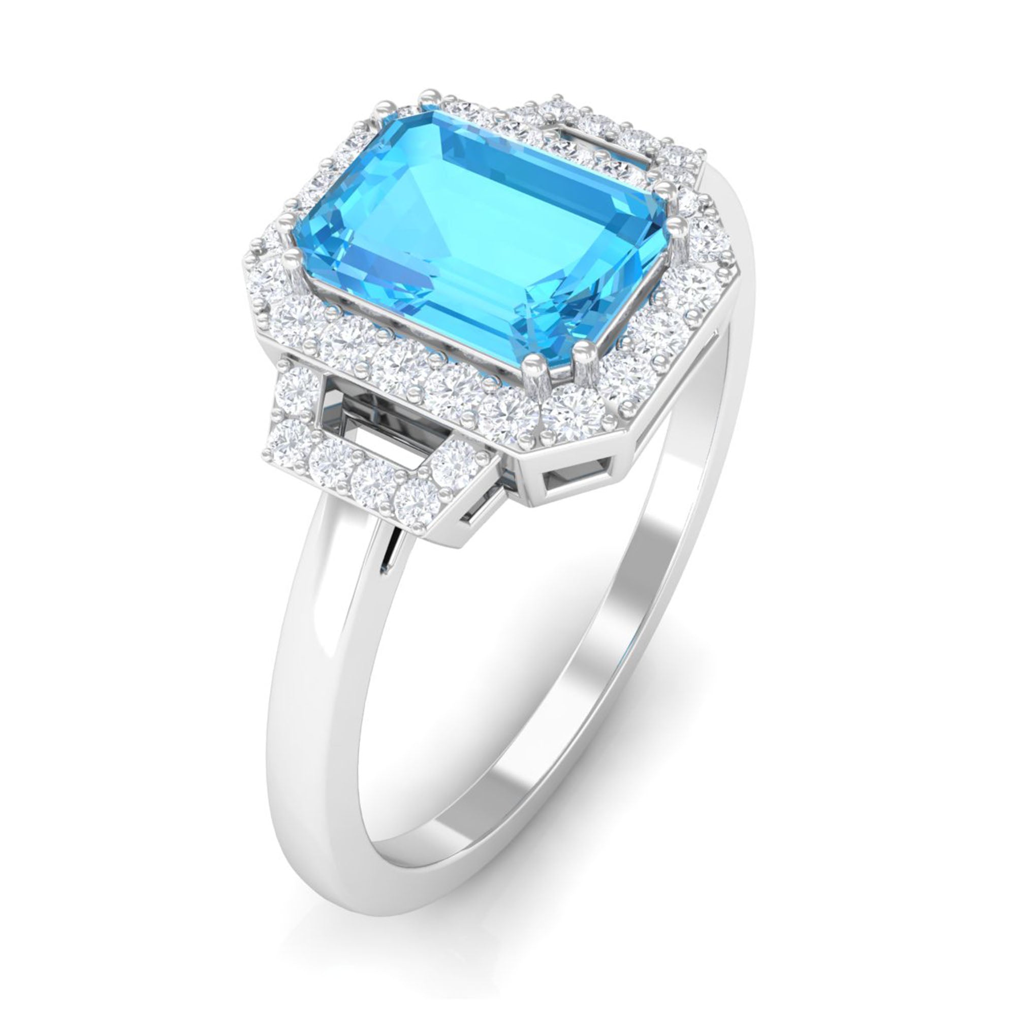 Rosec Jewels-Emerald Cut Swiss Blue Topaz and Diamond Statement Engagement Ring