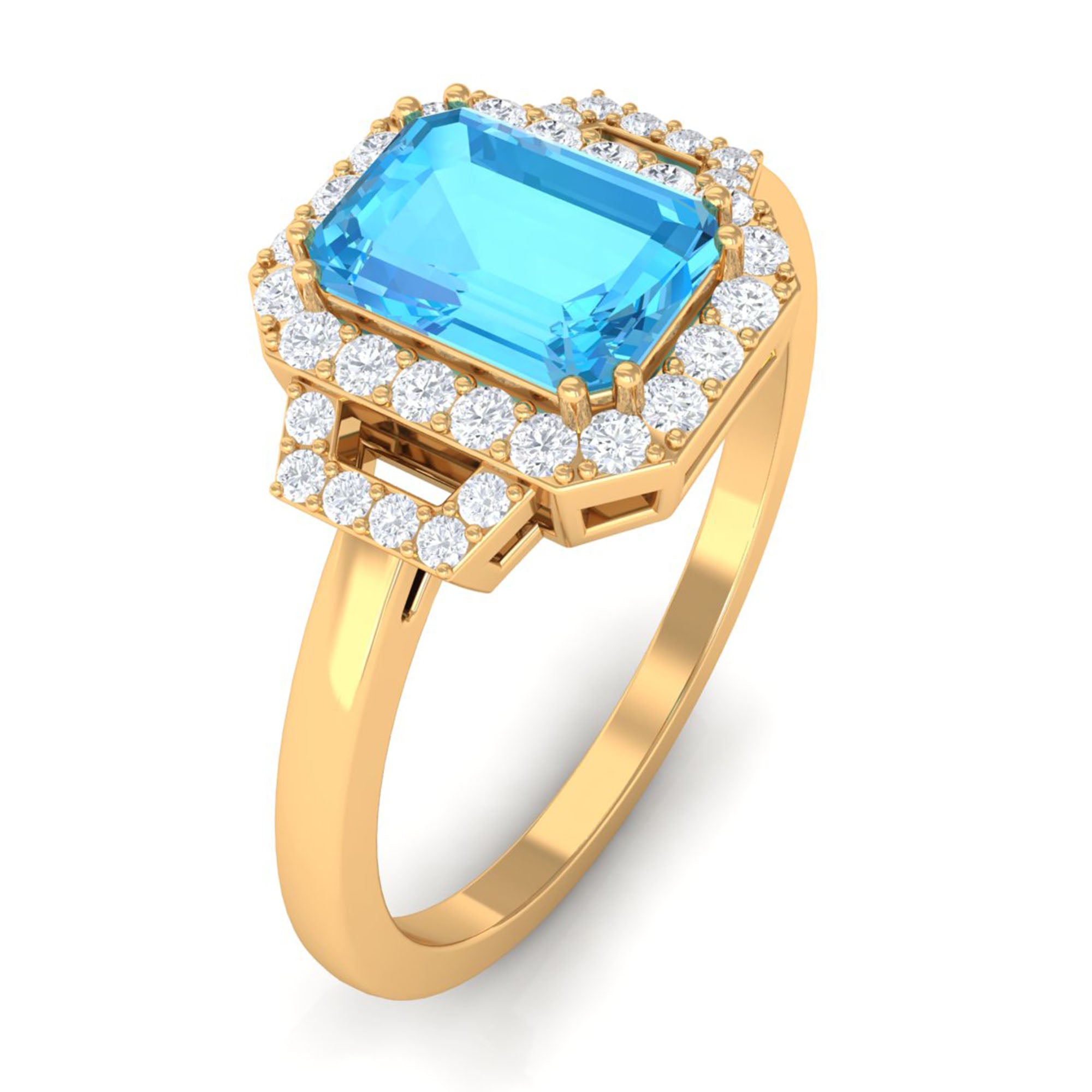 Rosec Jewels-Emerald Cut Swiss Blue Topaz and Diamond Statement Engagement Ring