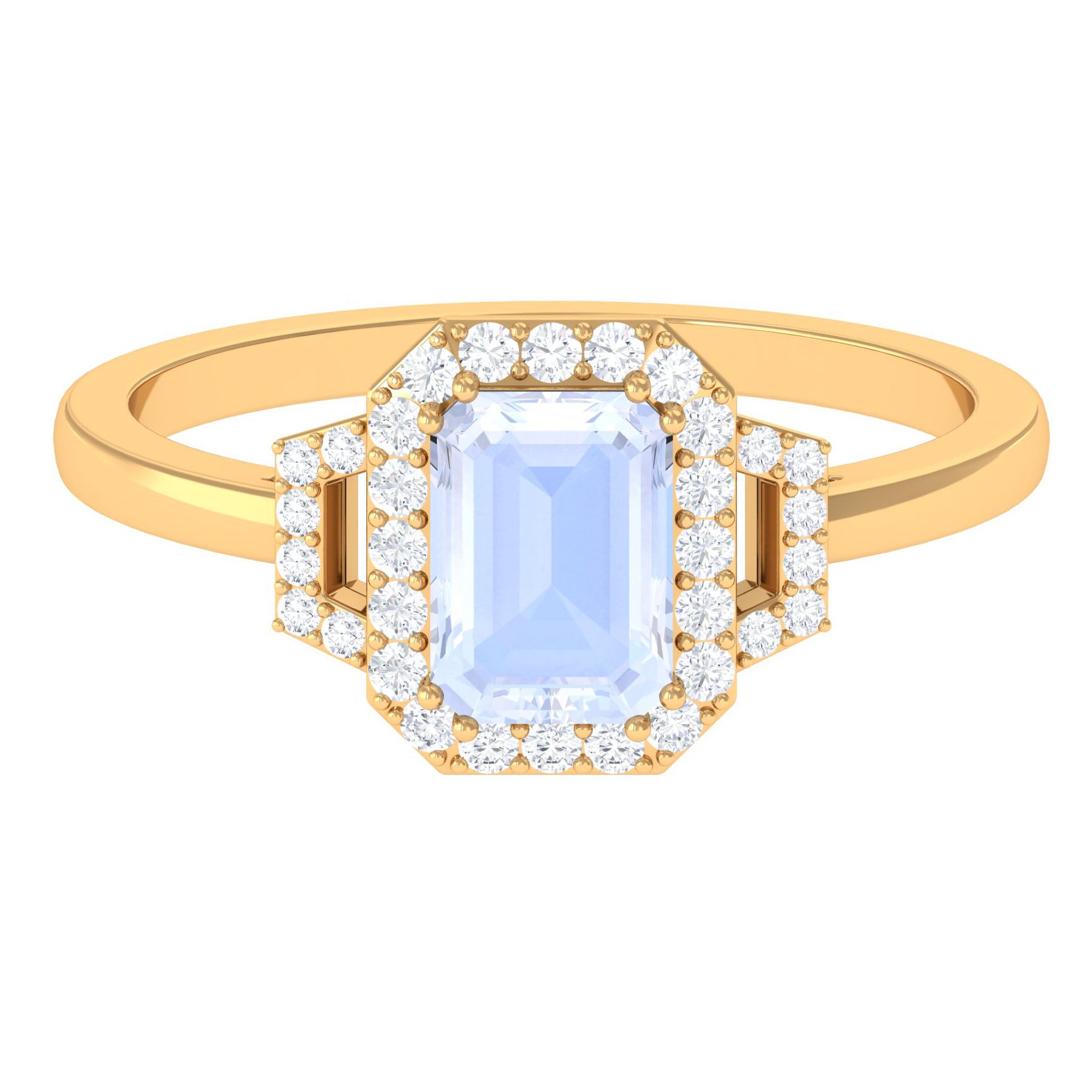 Rosec Jewels-Emerald Cut Moonstone Halo Engagement Ring with Diamond