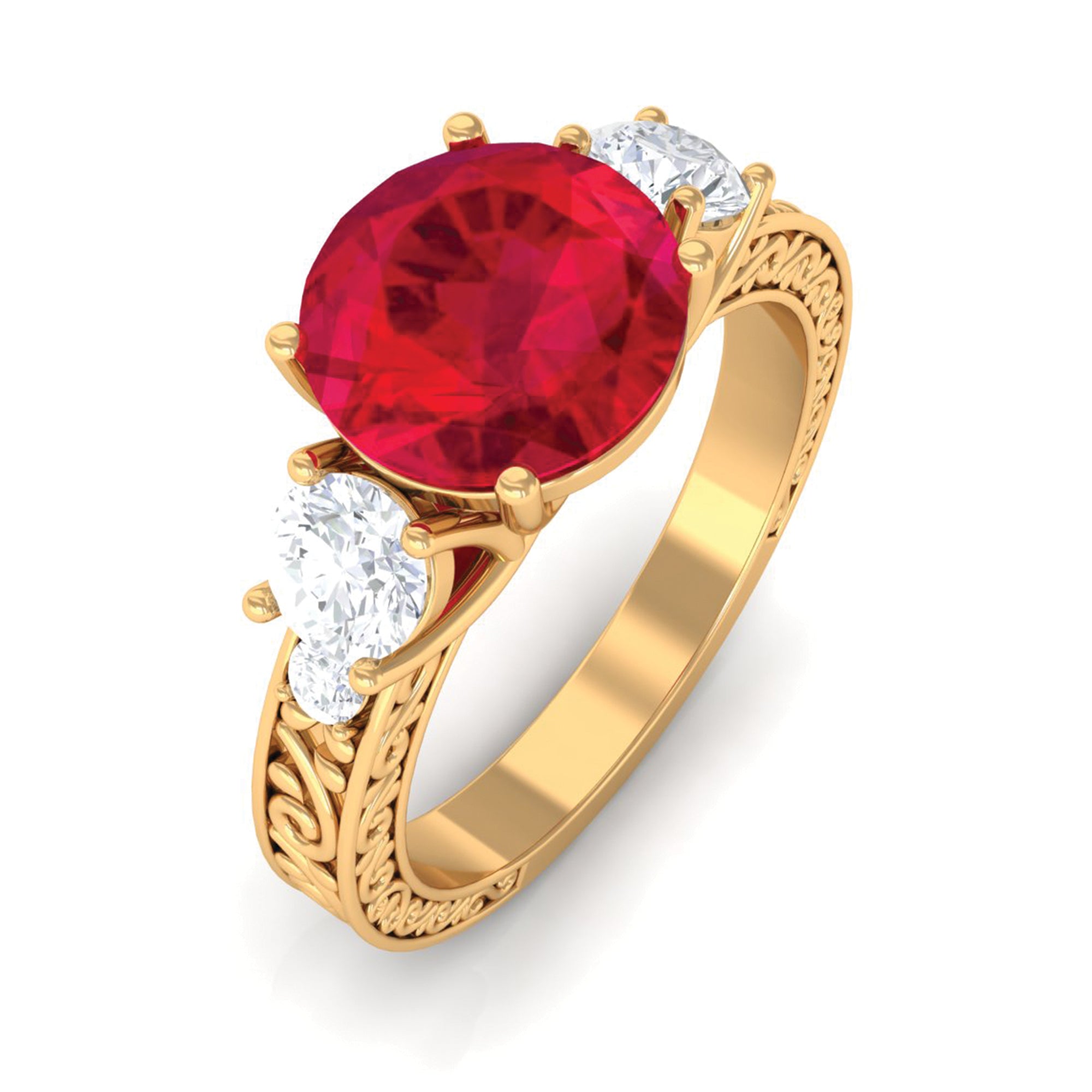 Rosec Jewels-Round Created Ruby and Moissanite Art Deco Engagement Ring in Gold