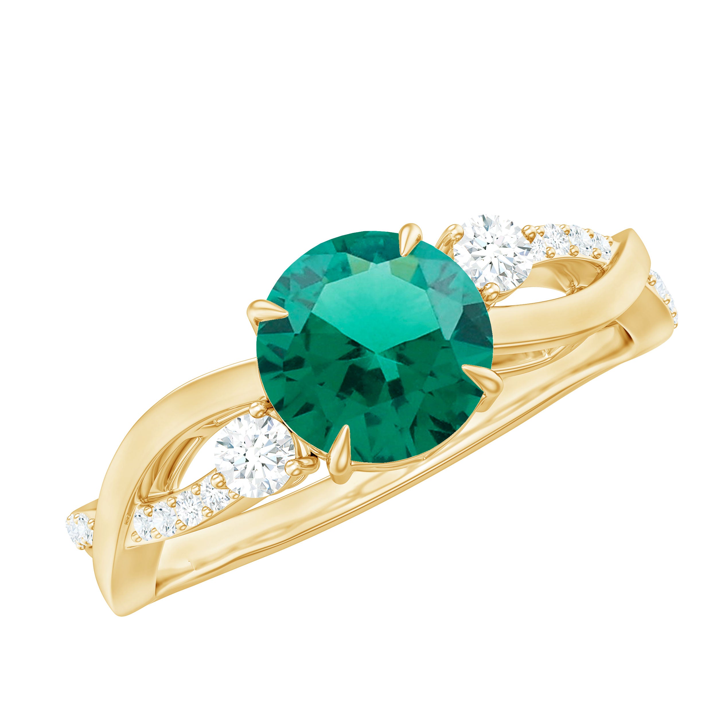 Rosec Jewels-Created Emerald and Diamond Engagement Ring with Crossover Shank