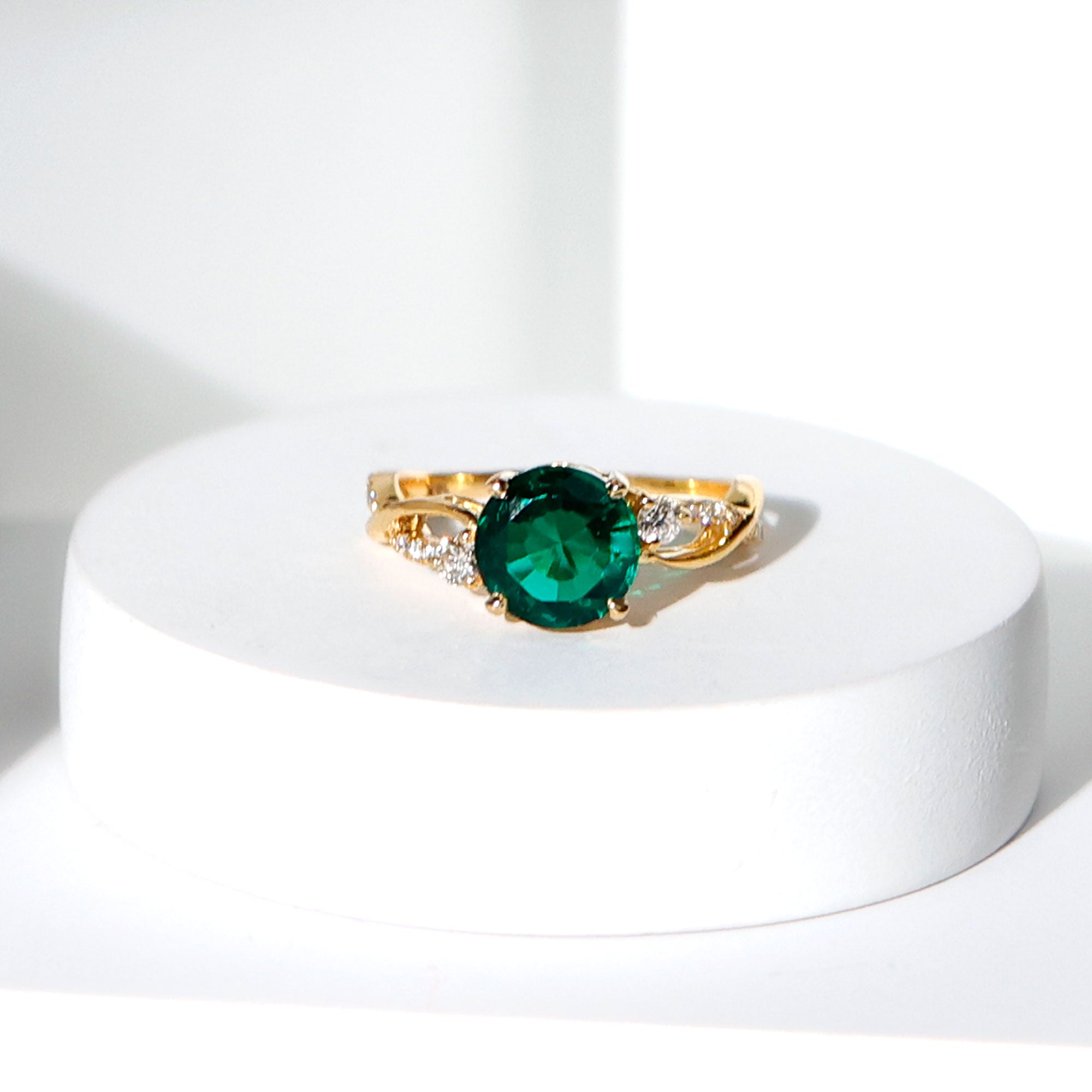 Rosec Jewels-Created Emerald and Diamond Engagement Ring with Crossover Shank