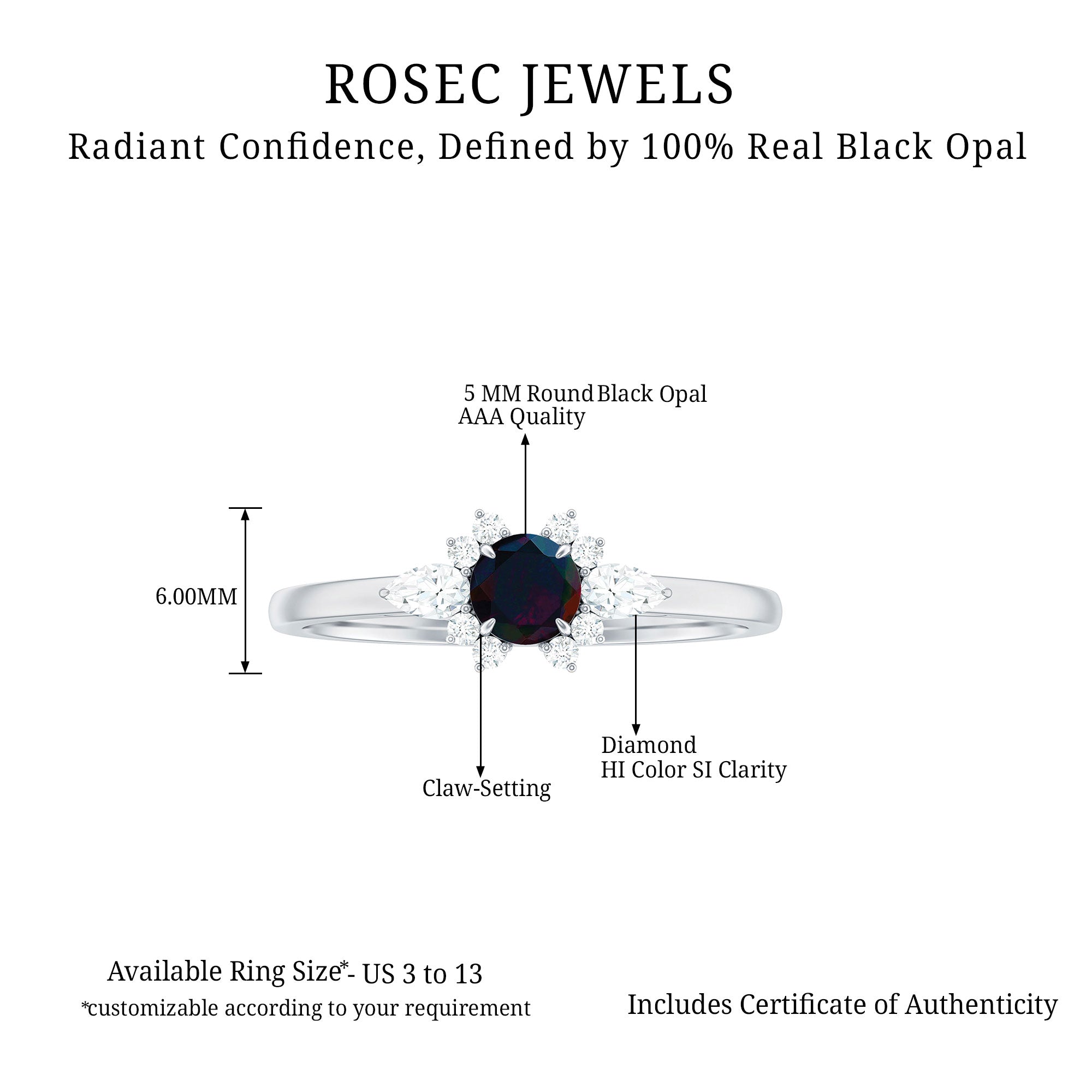 Rosec Jewels-Claw Set Round Black Opal and Diamond Promise Ring