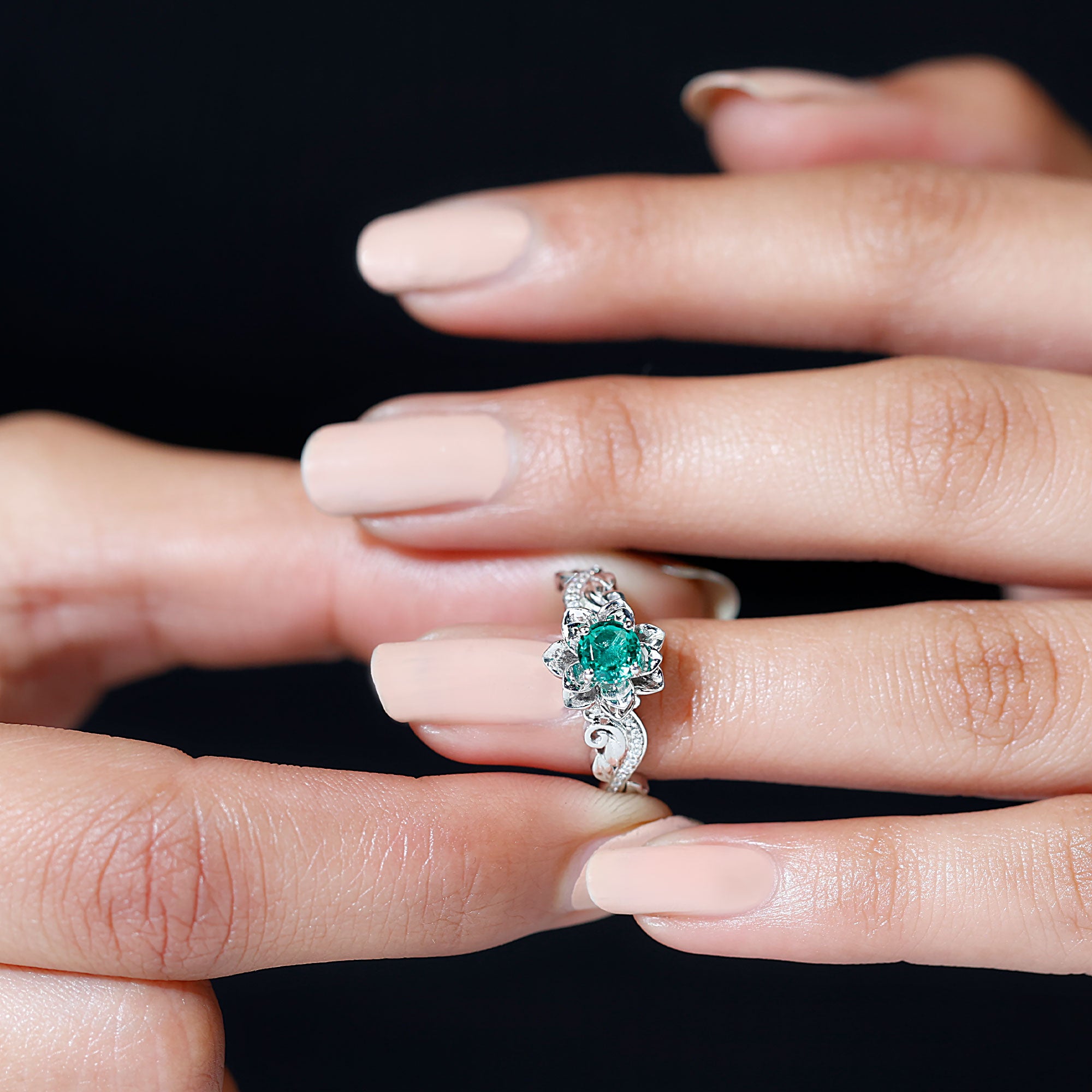 Rosec Jewels-Flower Inspired Created Emerald Engagement Ring with Moissanite