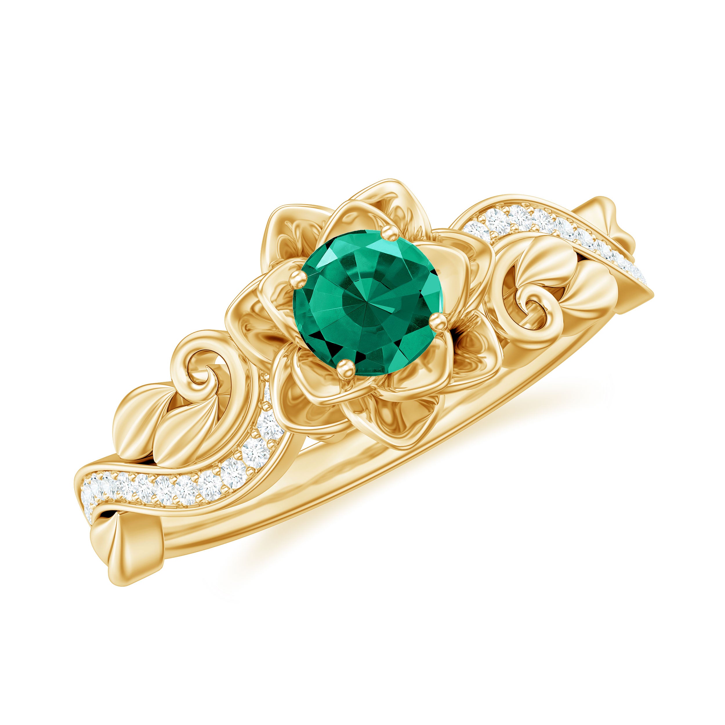 Rosec Jewels-Flower Inspired Created Emerald Engagement Ring with Moissanite