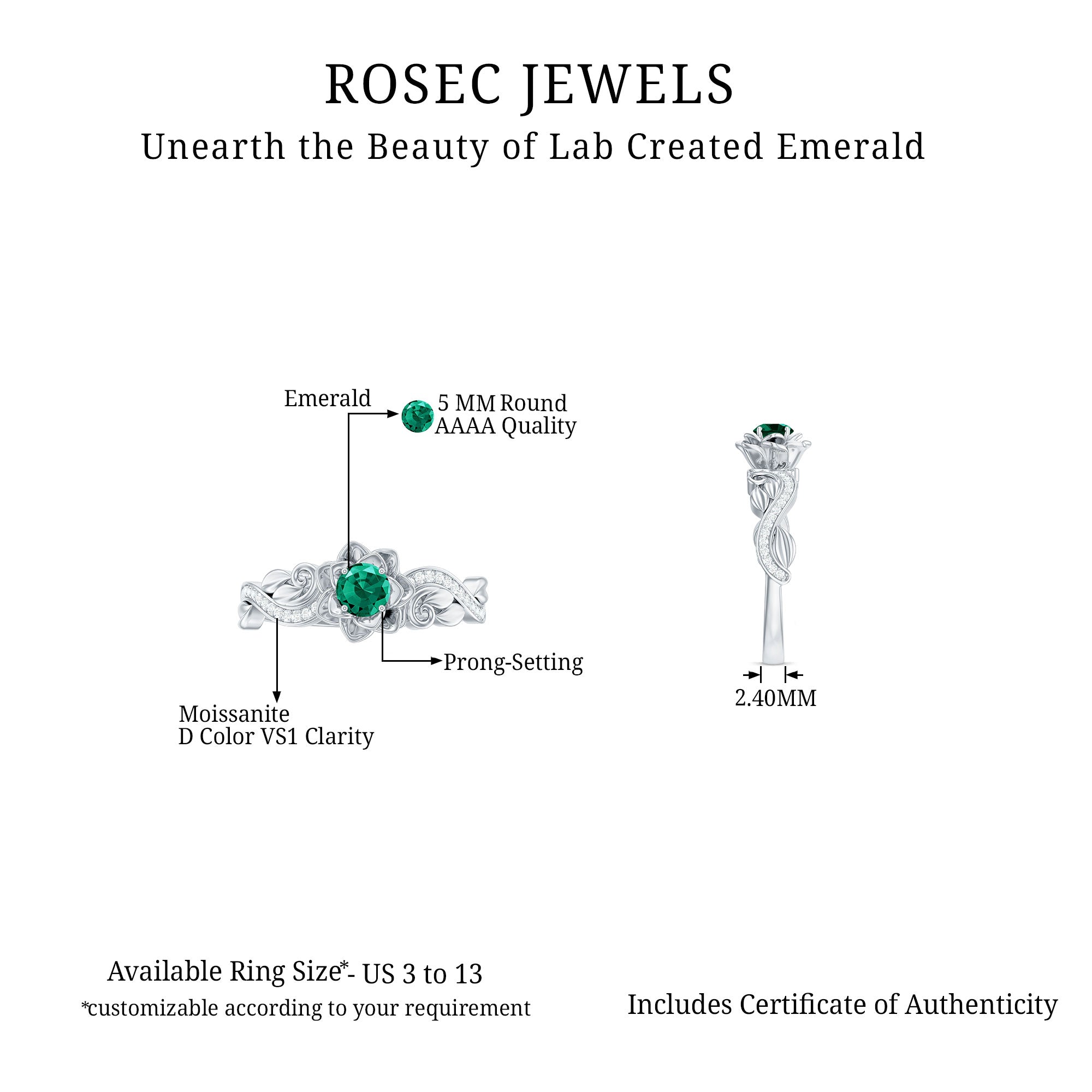 Rosec Jewels-Flower Inspired Created Emerald Engagement Ring with Moissanite