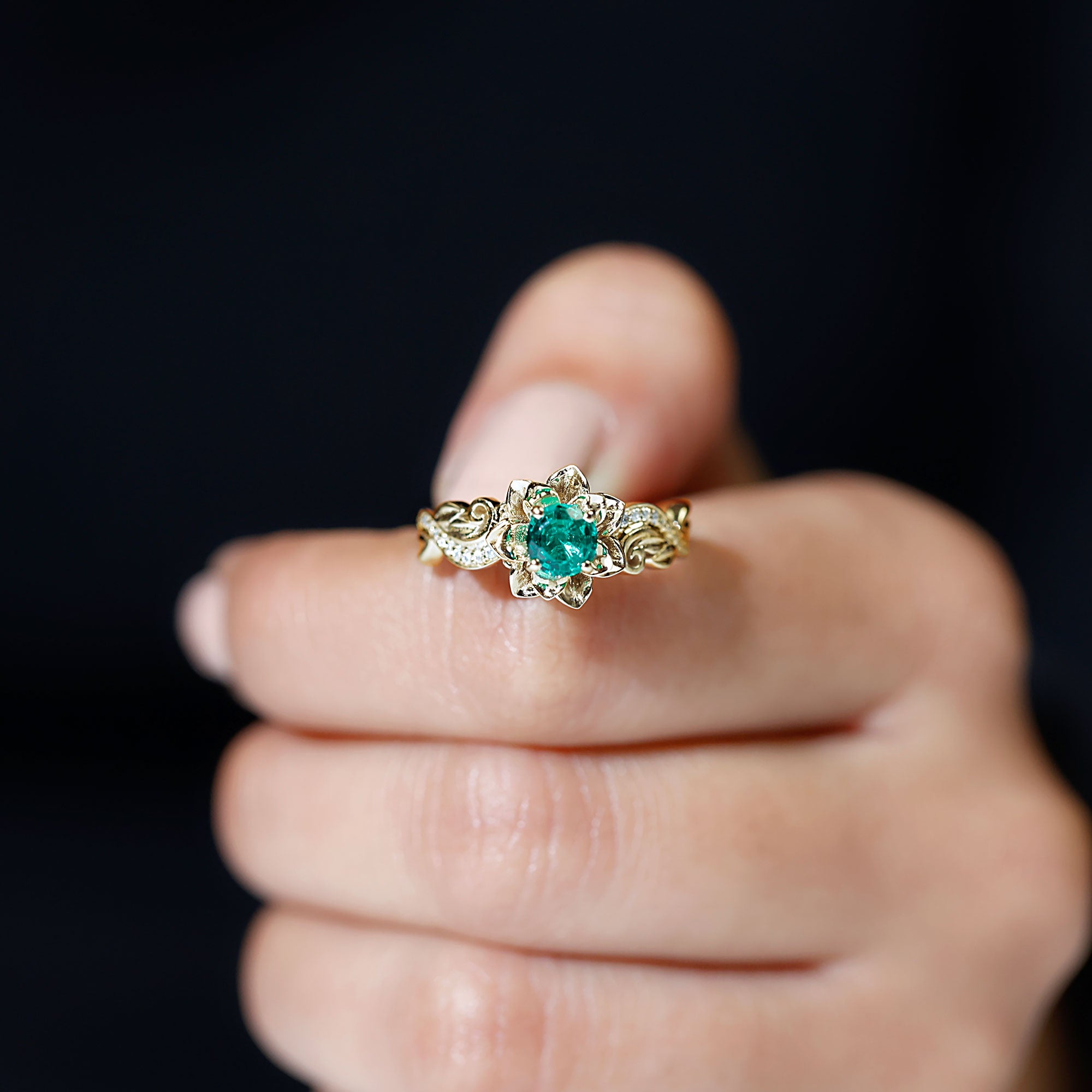 Rosec Jewels-Flower Inspired Created Emerald Engagement Ring with Moissanite