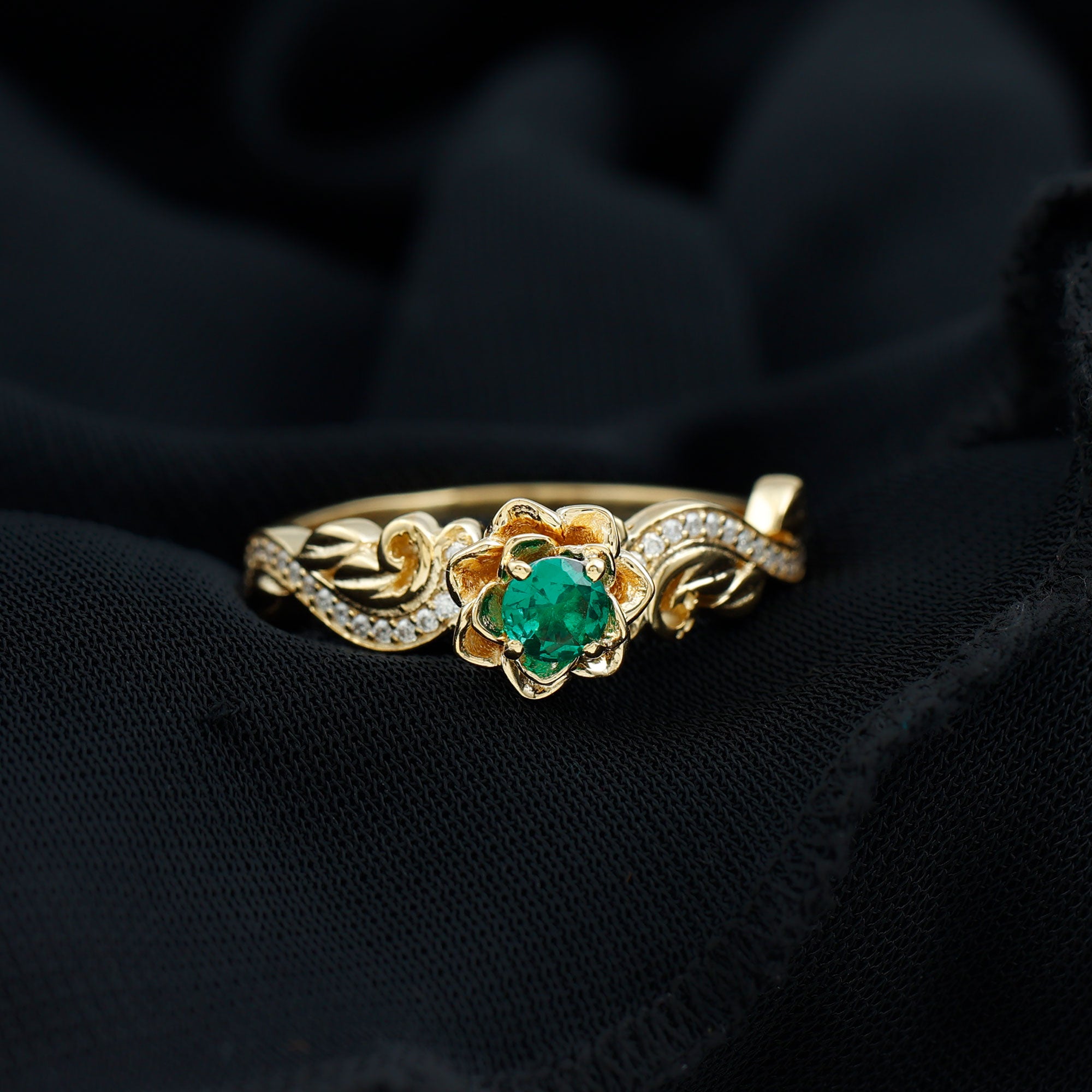 Rosec Jewels-Flower Inspired Created Emerald Engagement Ring with Moissanite